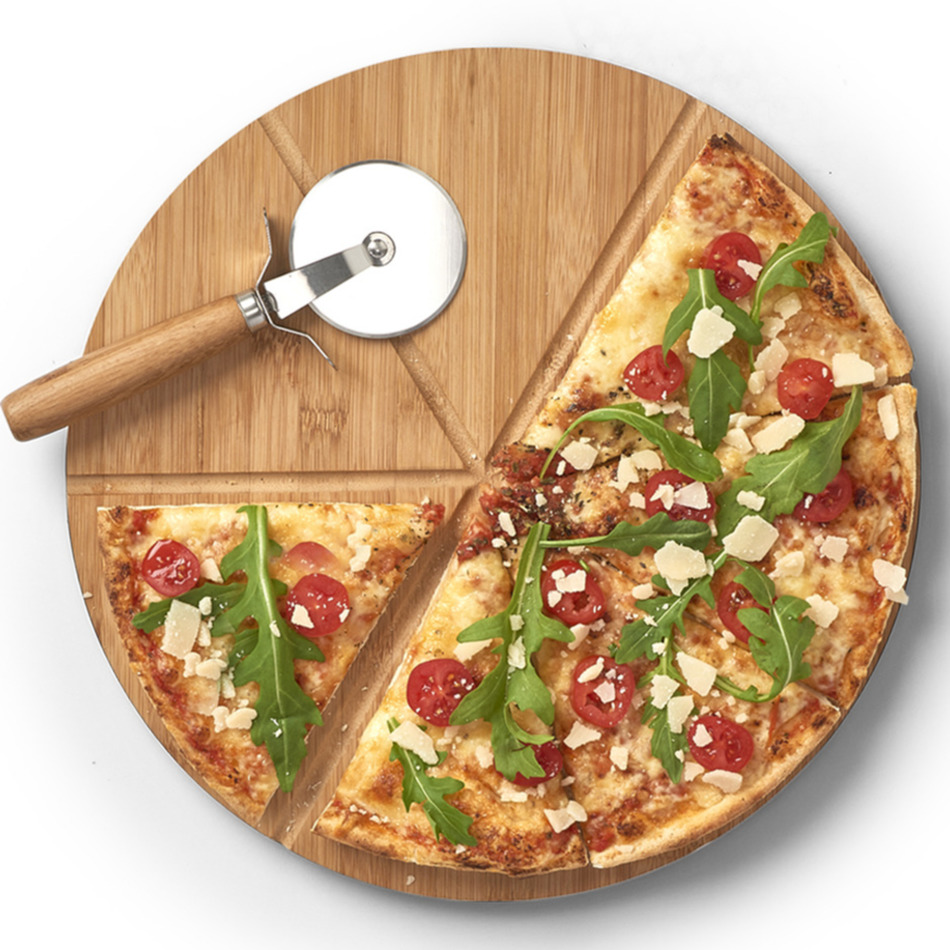 1x Houten pizza snijplanken-borden met pizzasnijder 32 cm