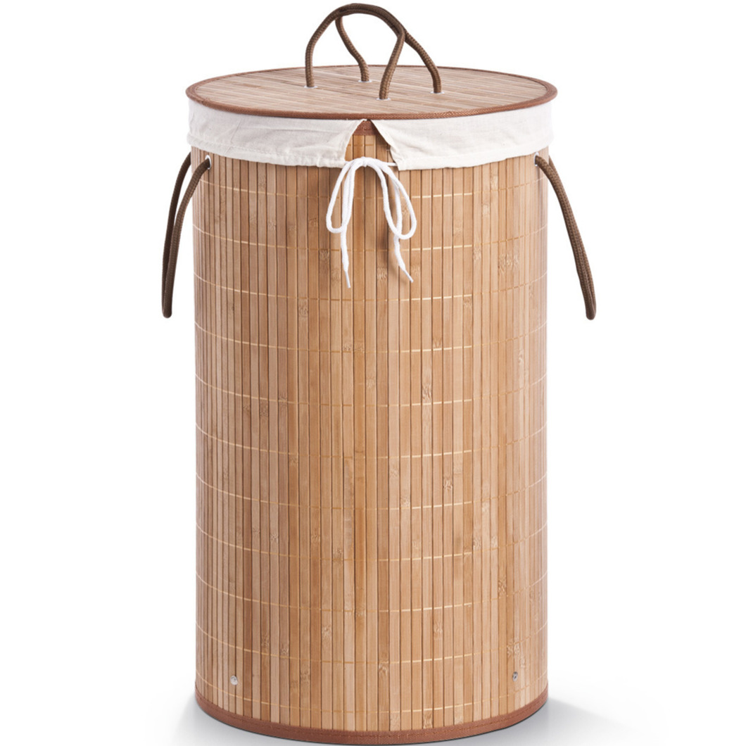 1x Luxe ronde bruine wasmanden van bamboe hout 35 x 60 cm