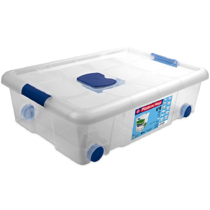 1x Opbergboxen-opbergdozen met deksel en wieltjes 31 liter kunststof transparant-blauw