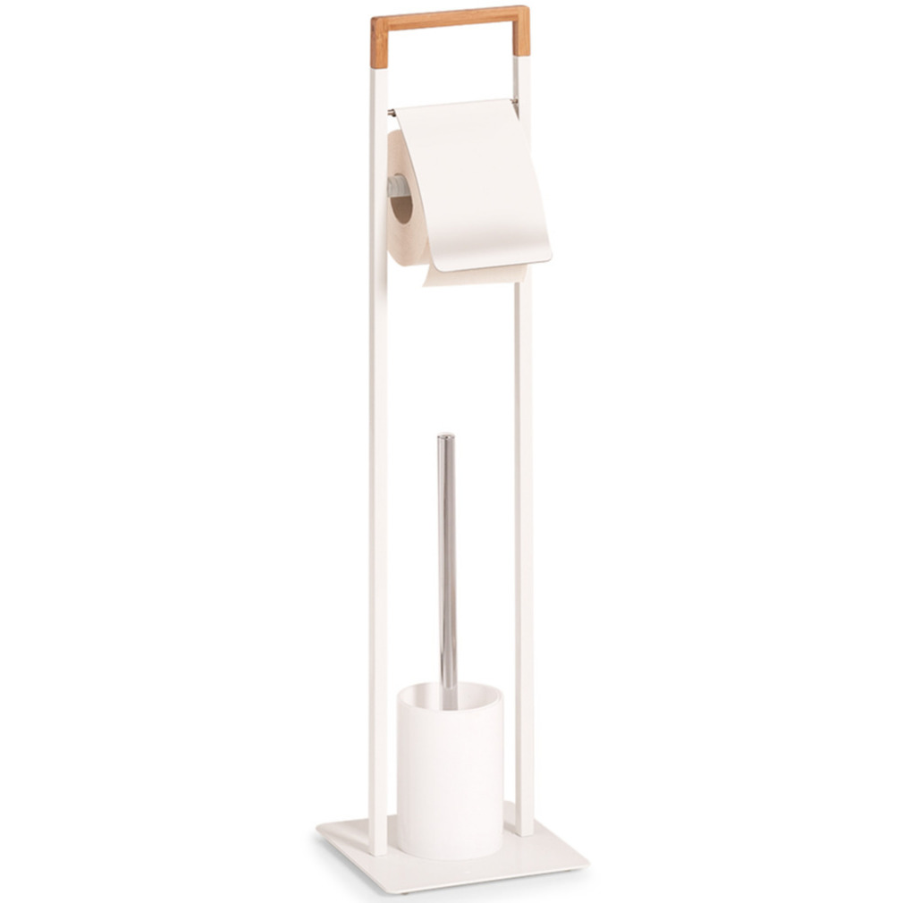1x Toiletborstels met toiletrolhouder wit metaal-bamboehout 75 cm