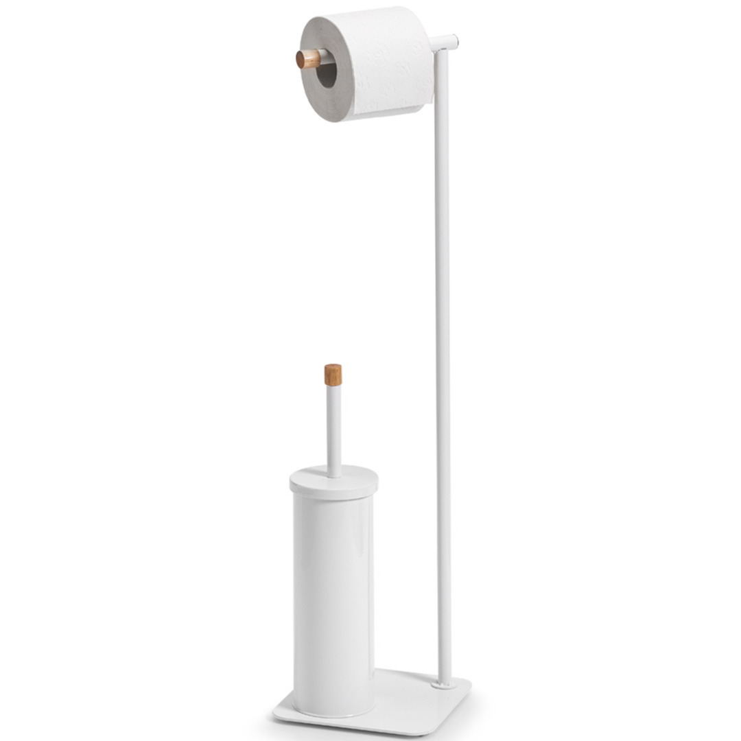 1x Toiletborstels met toiletrolhouder wit rubberhout 75 cm