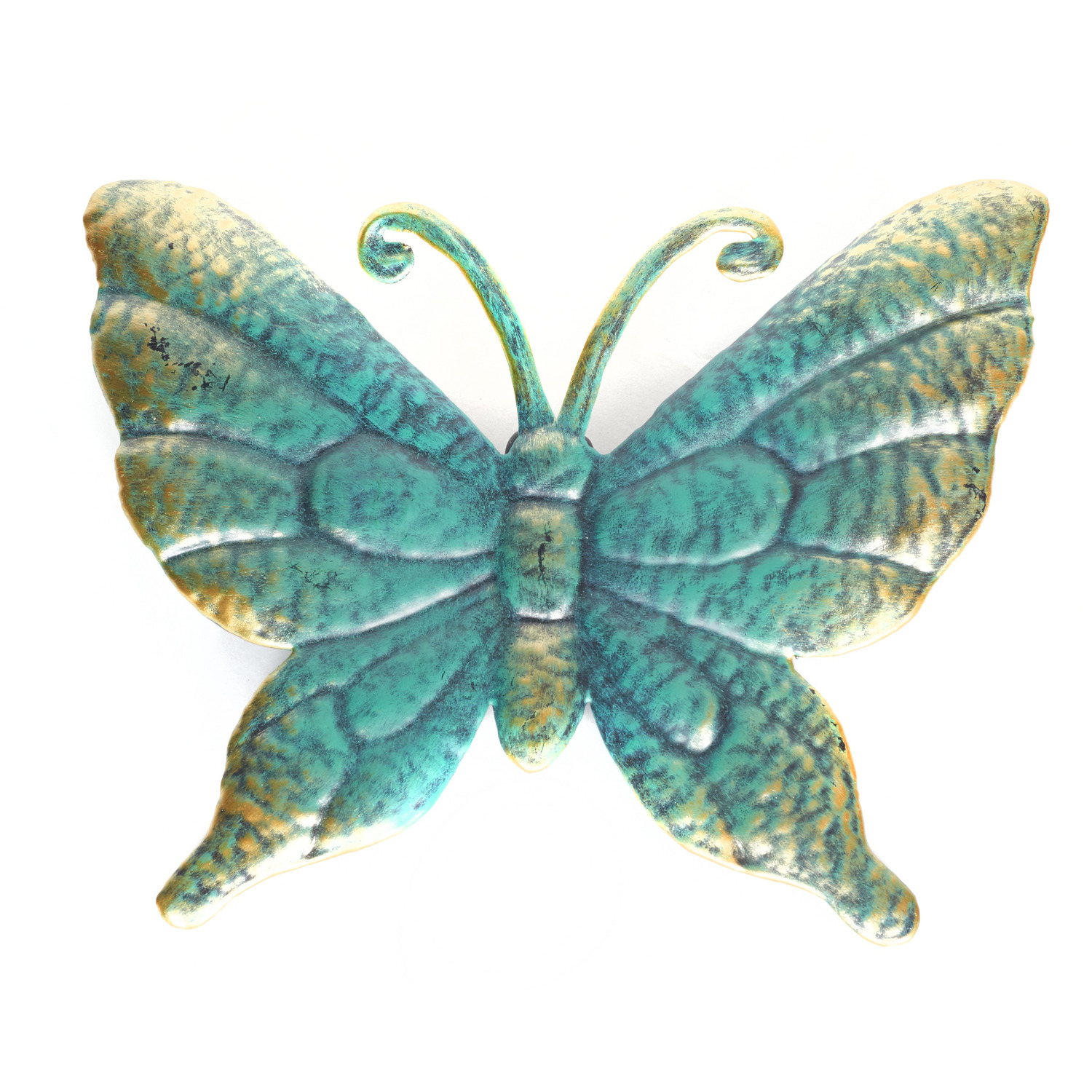 1x Tuindecoratie vlinder van metaal turquoise-goud 22 cm