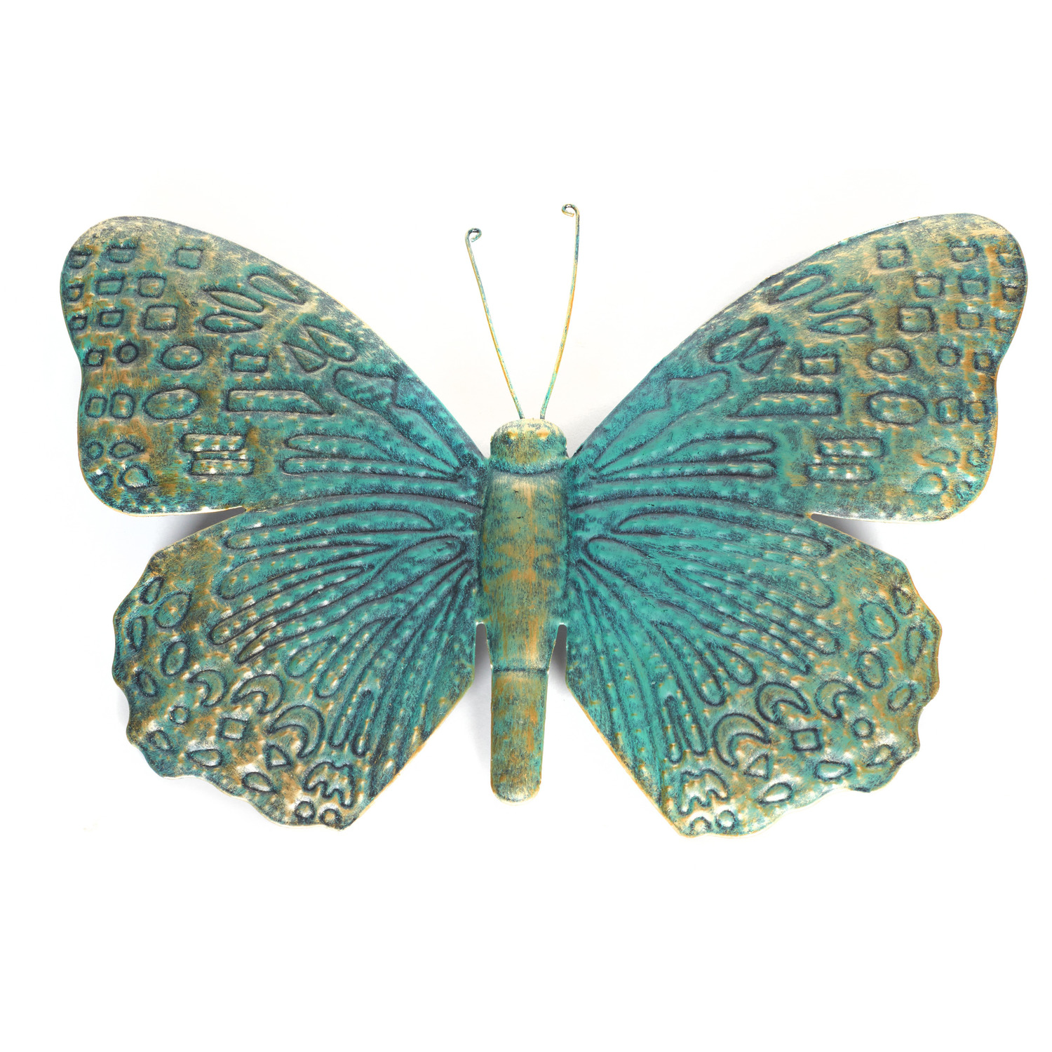 1x Tuindecoratie vlinder van metaal turquoise-goud 31 cm