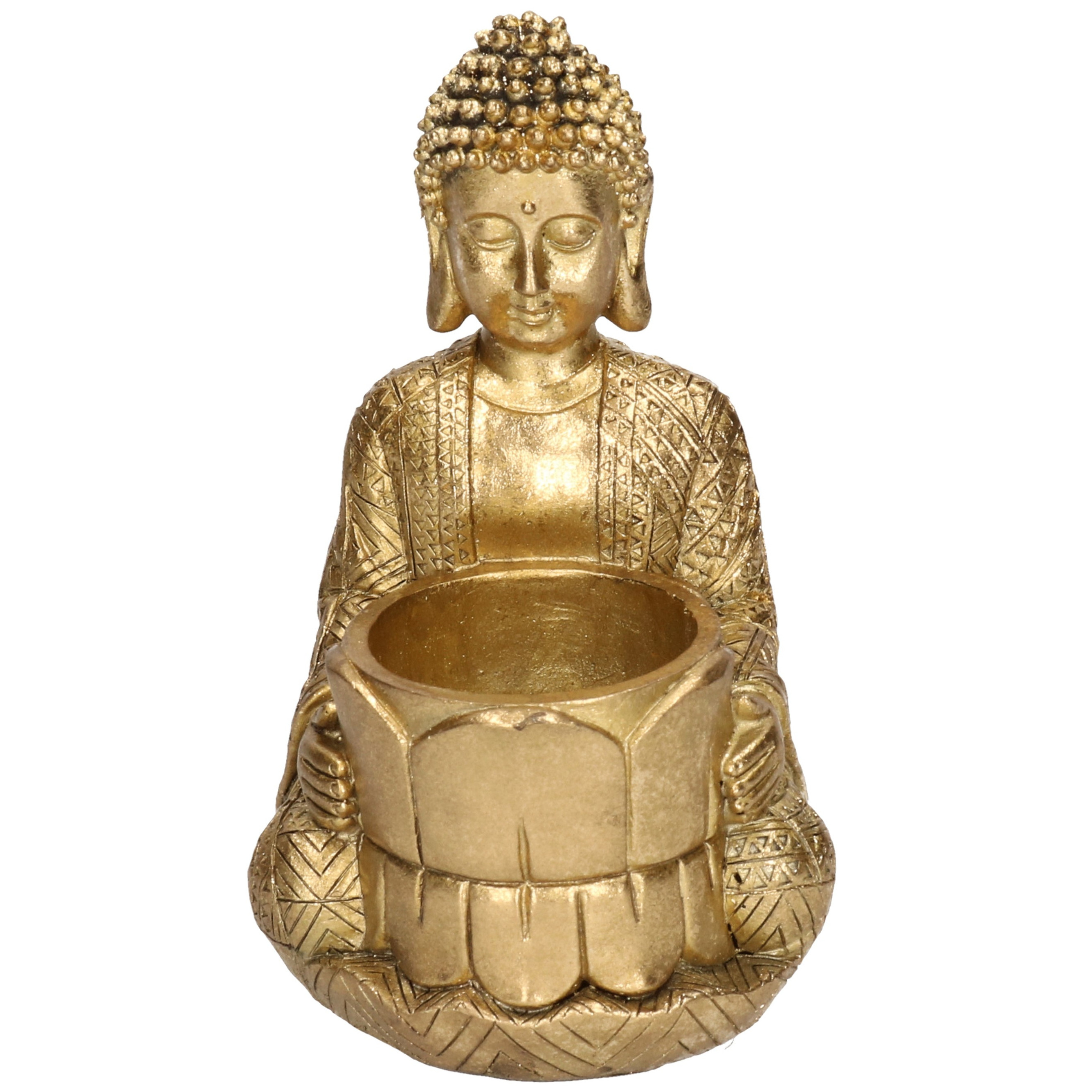 1x Zittende Boeddha waxinelichthouder goud 14 cm