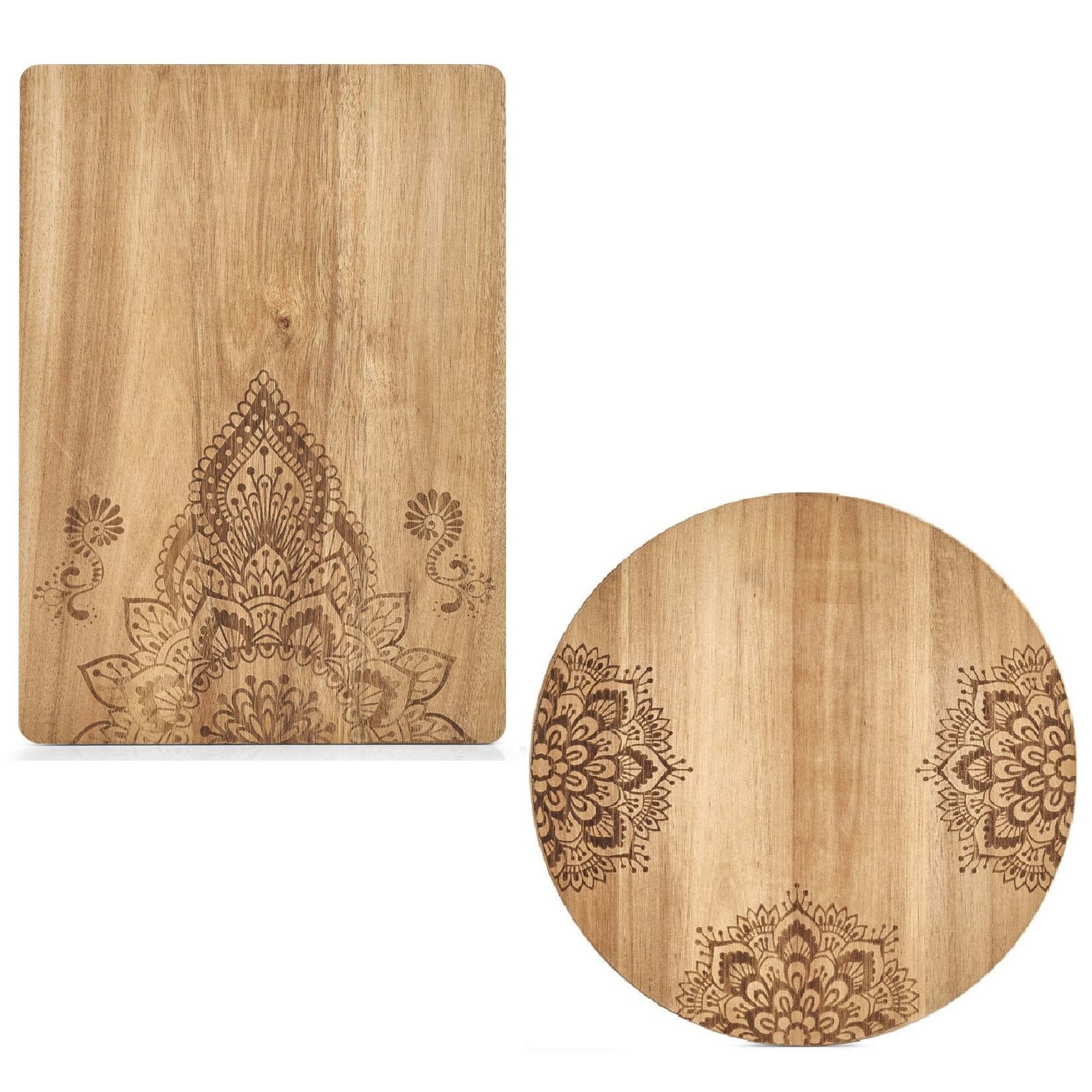 2x Rechthoekige-ronde houten snijplanken met mandala print 27-40 cm
