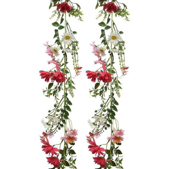 2x Roze-witte kunsttak kunstplanten slingers 180 cm