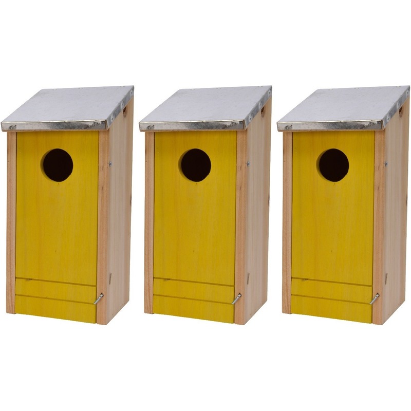3x Houten vogelhuisjes-nestkastjes gele voorzijde 26 cm