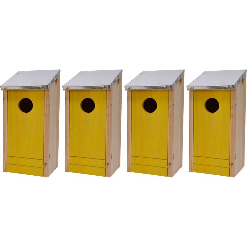 4x Houten vogelhuisjes-nestkastjes gele voorzijde 26 cm