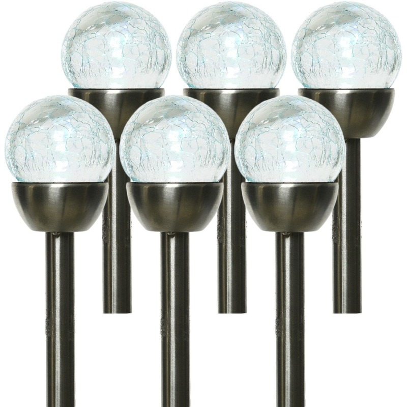 6x Buiten LED RVS bollen stekers Navi solar verlichting 24 cm colour changing