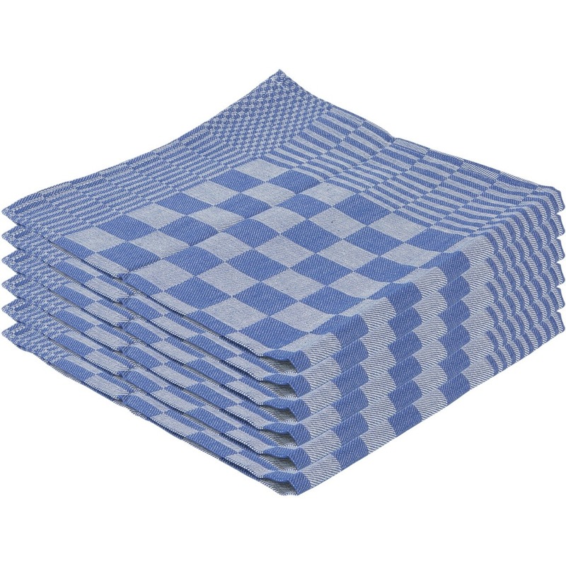 6x Theedoek blauw met blokmotief 65 x 65 cm