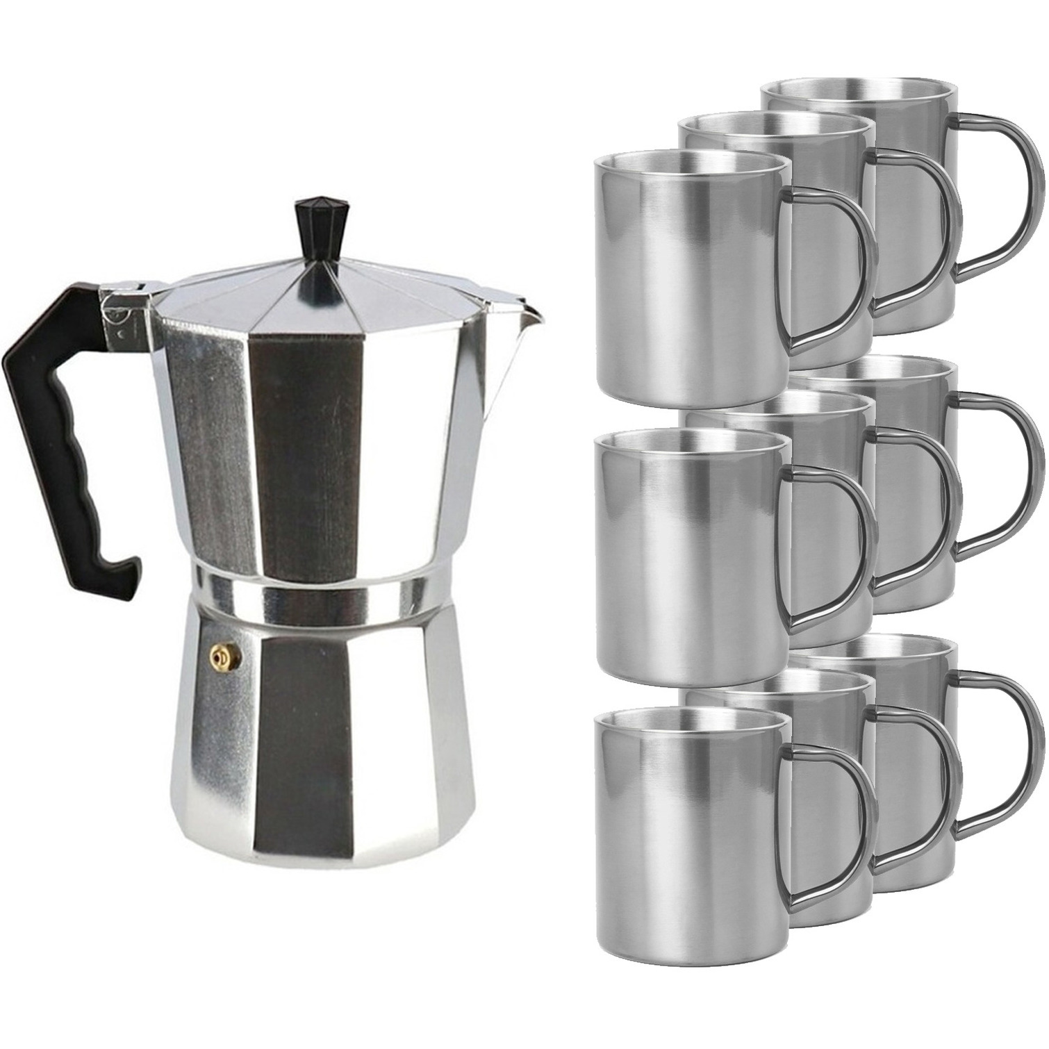 Aluminium moka-koffiemaker met 9x RVS kopjes