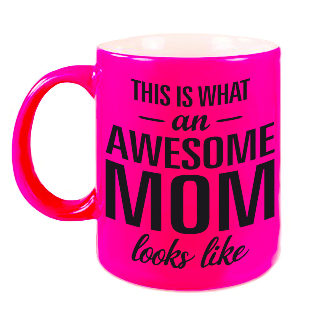 Awesome mom cadeau mok-beker neon roze voor Moederdag 330 ml