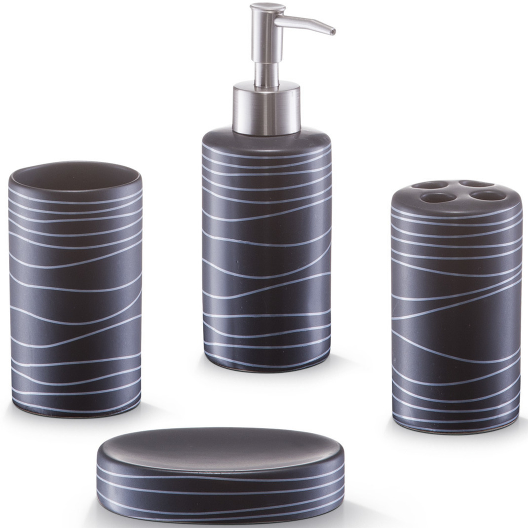 Badkamer-toilet accessoires set 4-delig keramiek swirl patroon zwart