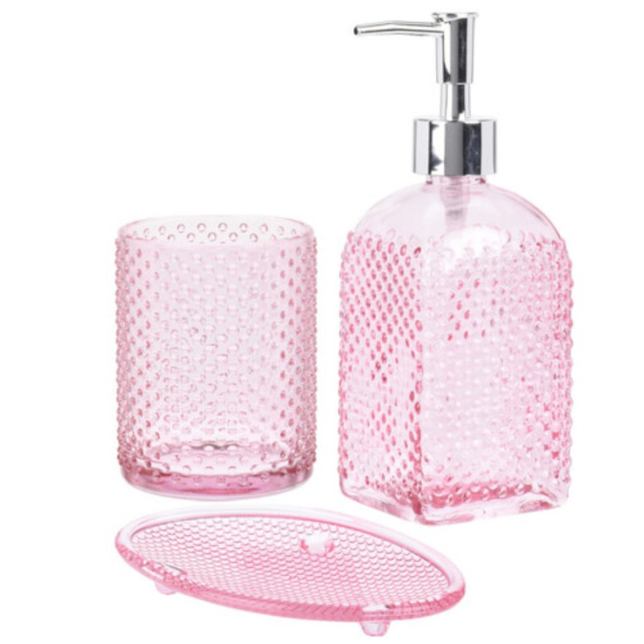 Badkamerset 3-delig transparant roze van glas