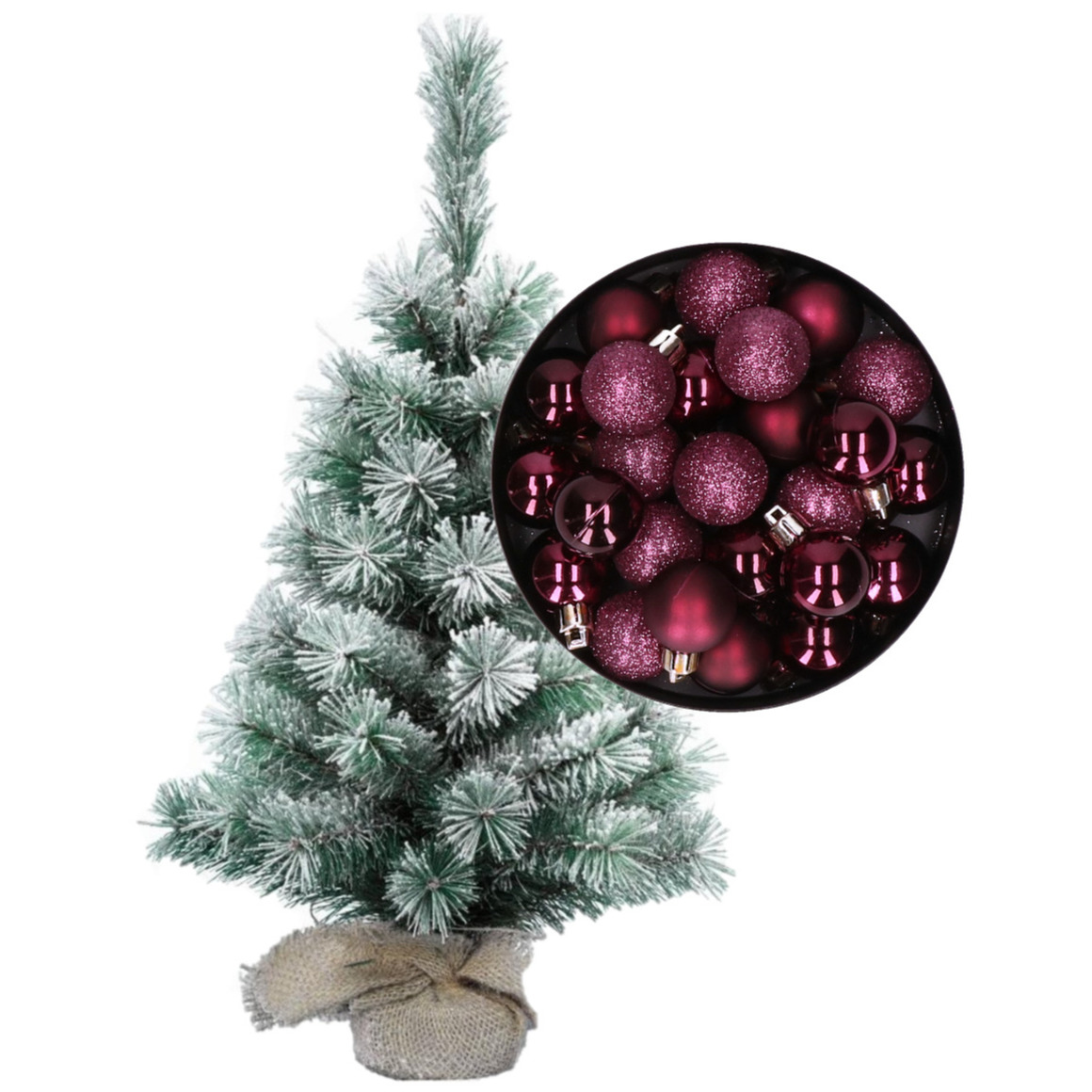 Besneeuwde mini kerstboom-kunst kerstboom 35 cm met kerstballen aubergine paars