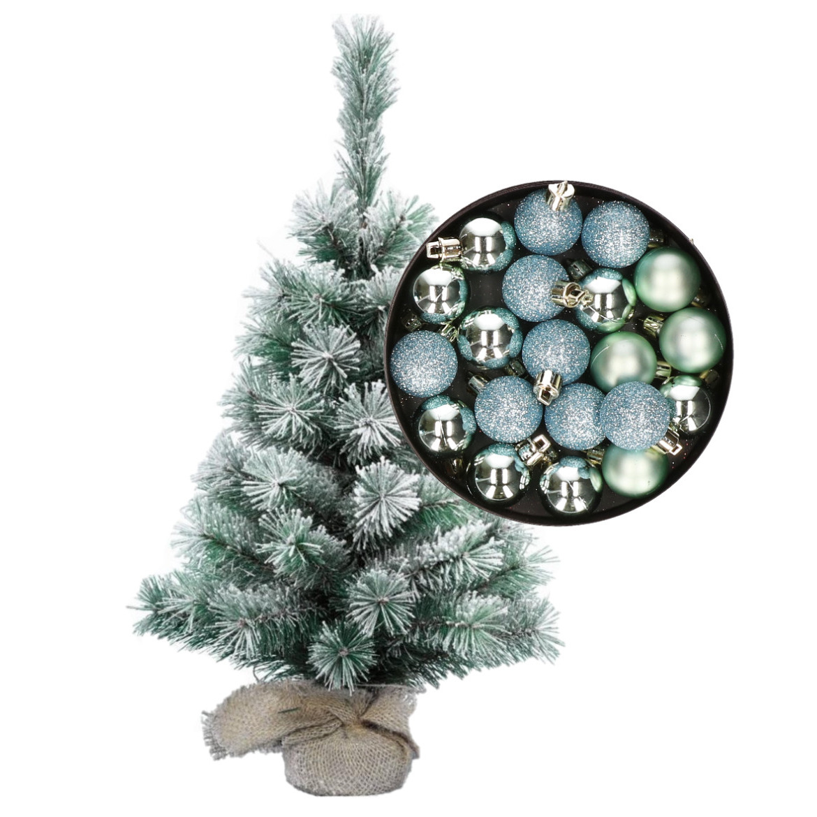 Besneeuwde mini kerstboom-kunst kerstboom 35 cm met kerstballen mintgroen