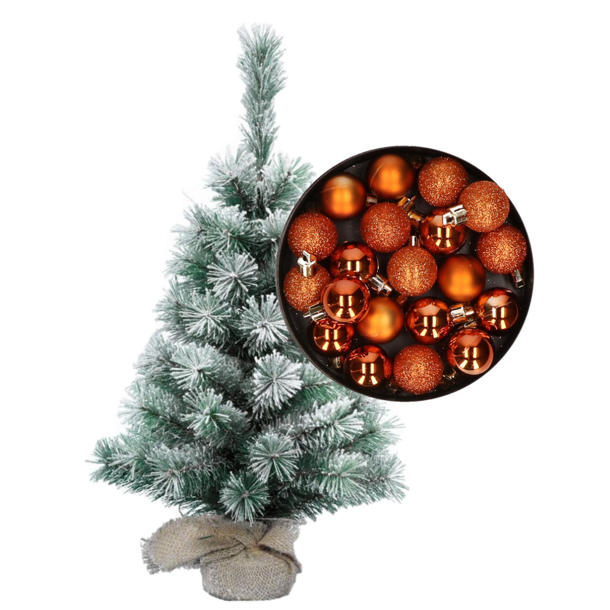 Besneeuwde mini kerstboom-kunst kerstboom 35 cm met kerstballen oranje