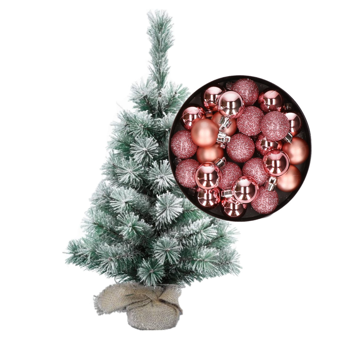 Besneeuwde mini kerstboom-kunst kerstboom 35 cm met kerstballen roze