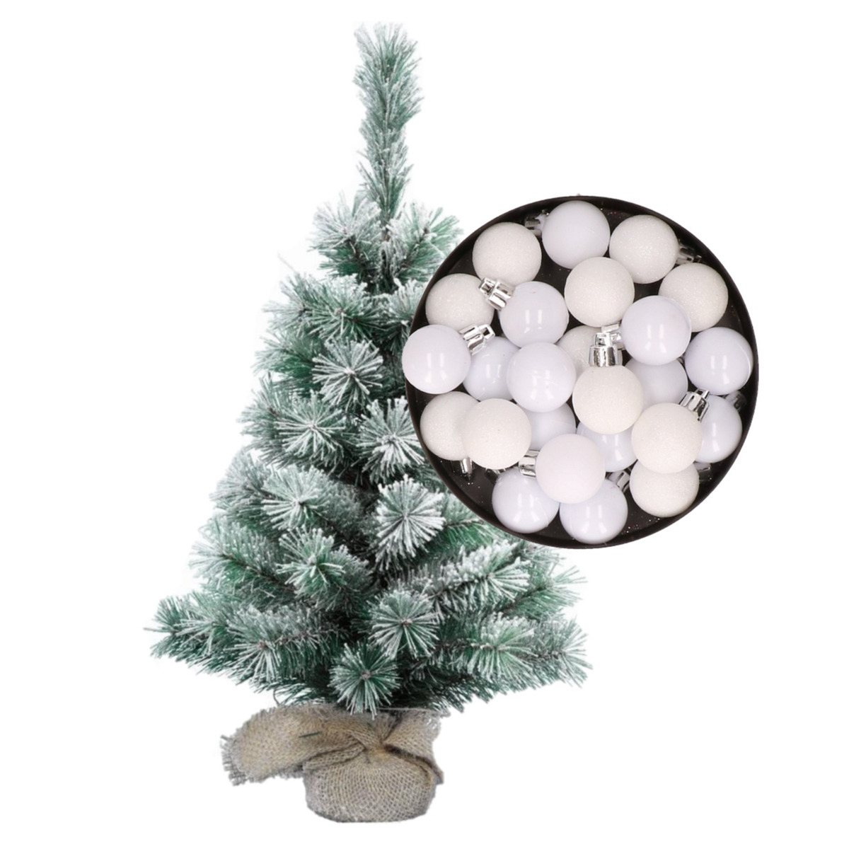 Besneeuwde mini kerstboom-kunst kerstboom 35 cm met kerstballen wit