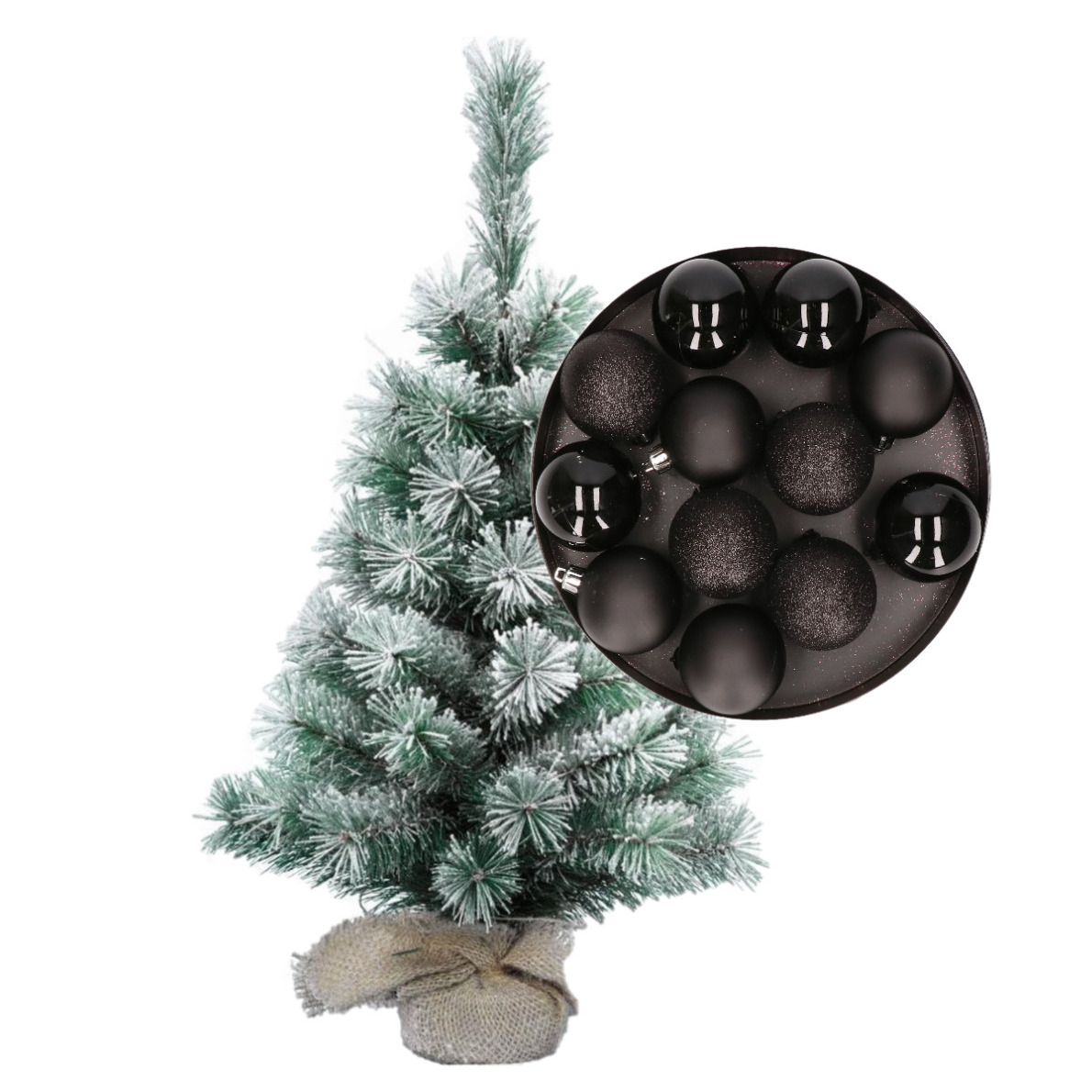 Besneeuwde mini kerstboom-kunst kerstboom 35 cm met kerstballen zwart