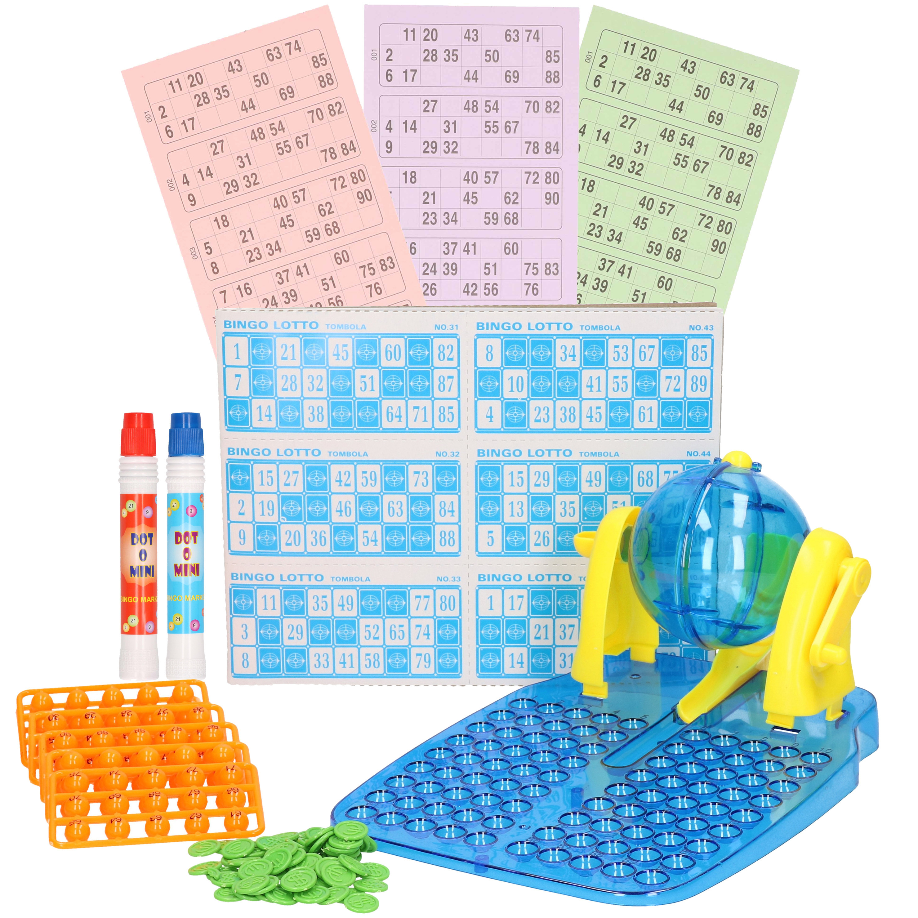 Bingo spel blauw-geel complete set nummers 1-90 met molen-148x bingokaarten-2x stiften
