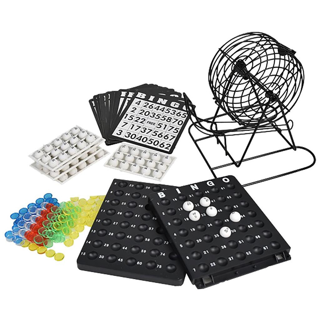 Bingo spel zwart-wit complete set 19 cm nummers 1-75 met molen en bingokaarten