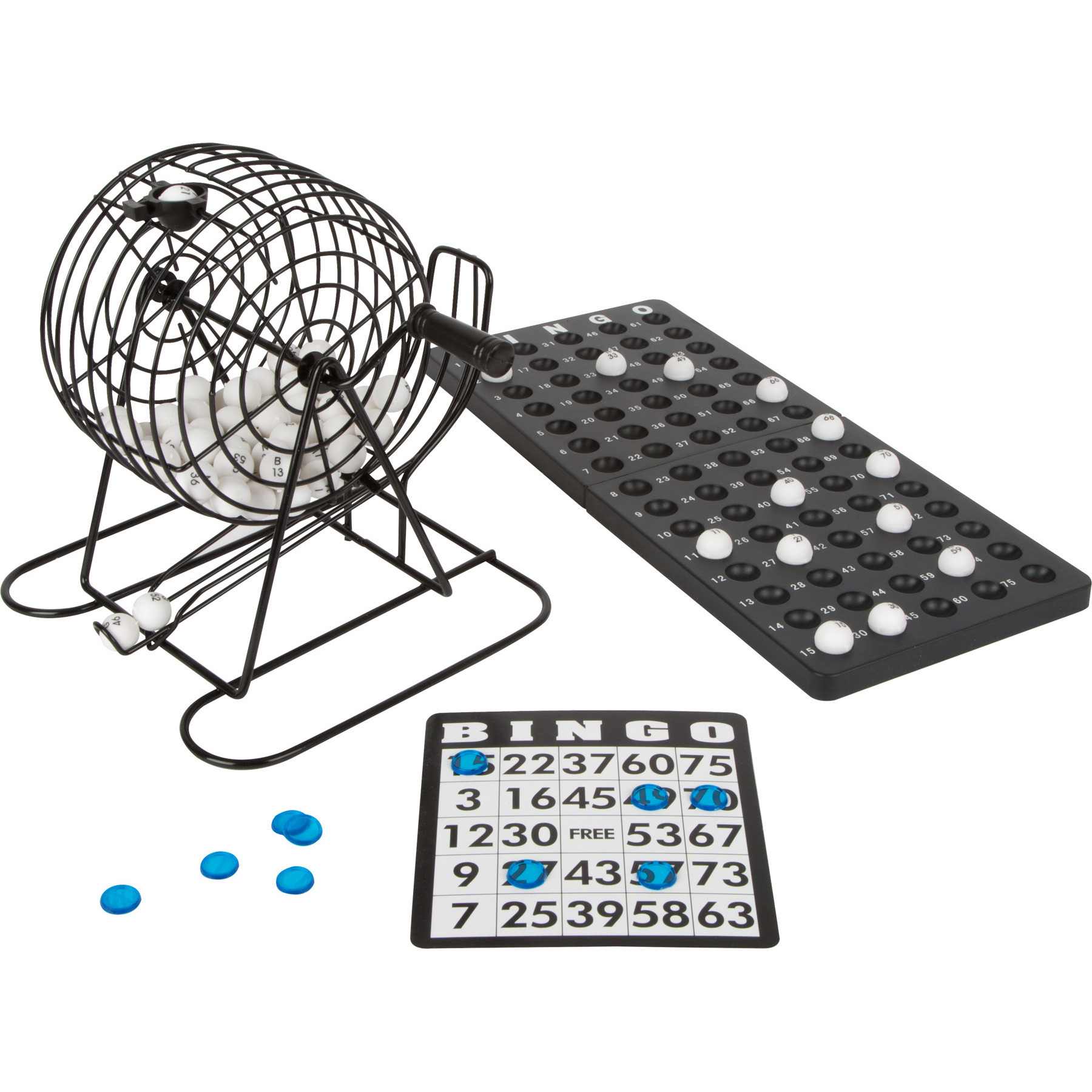 Bingo spel zwart-wit complete set 20 cm nummers 1-75 met molen en bingokaarten