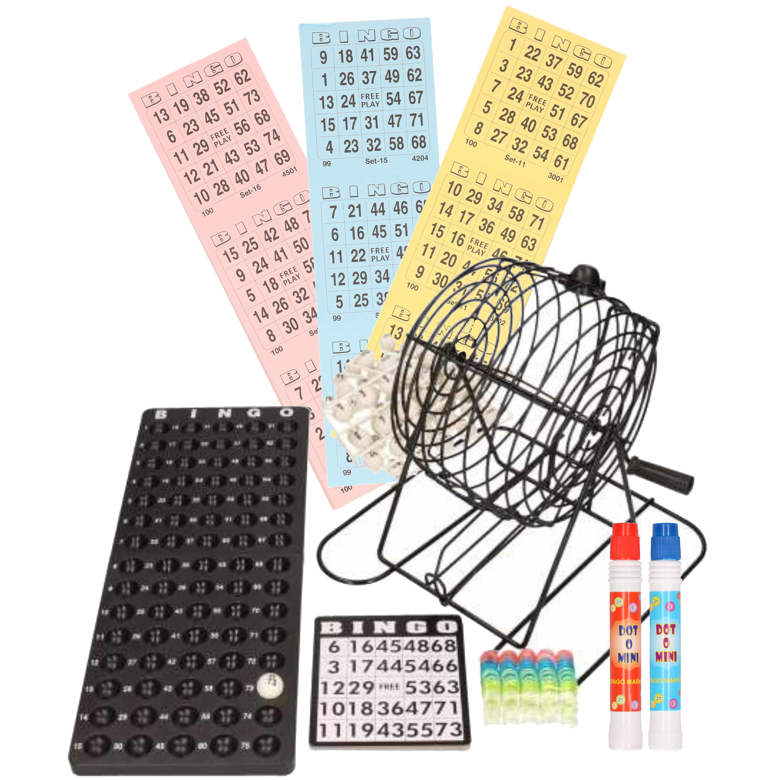Bingo spel zwart-wit complete set 29 cm nummers 1-75 met molen-168x bingokaarten-2x stiften