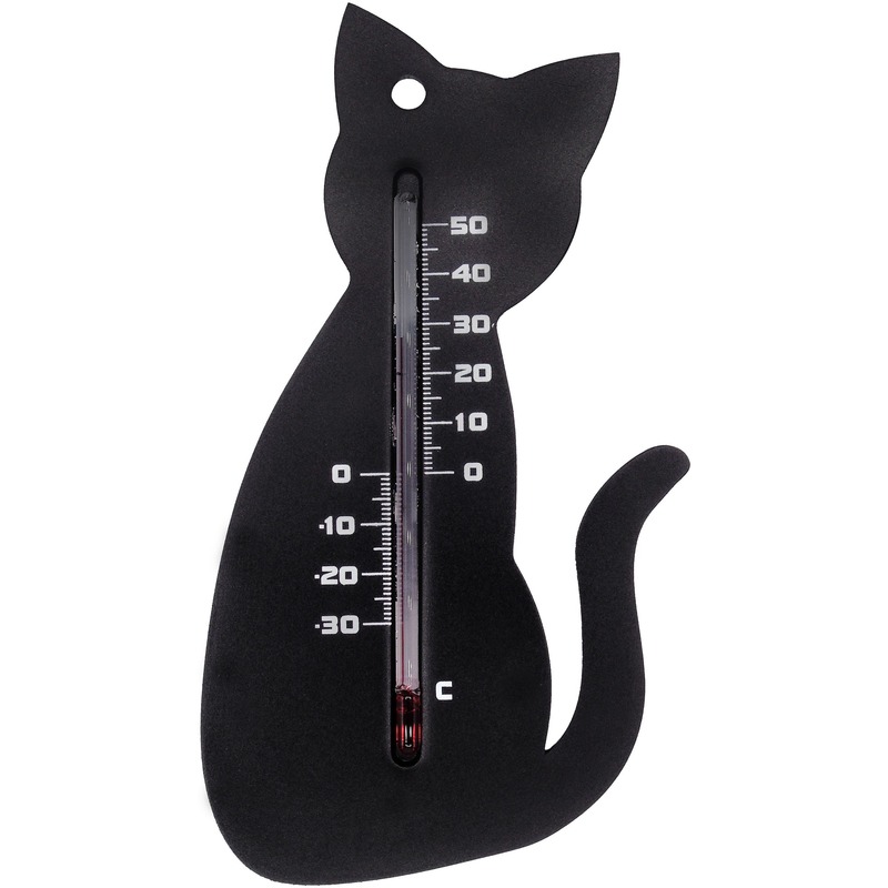 Binnen-buiten thermometer zwarte kat-poes 15 cm