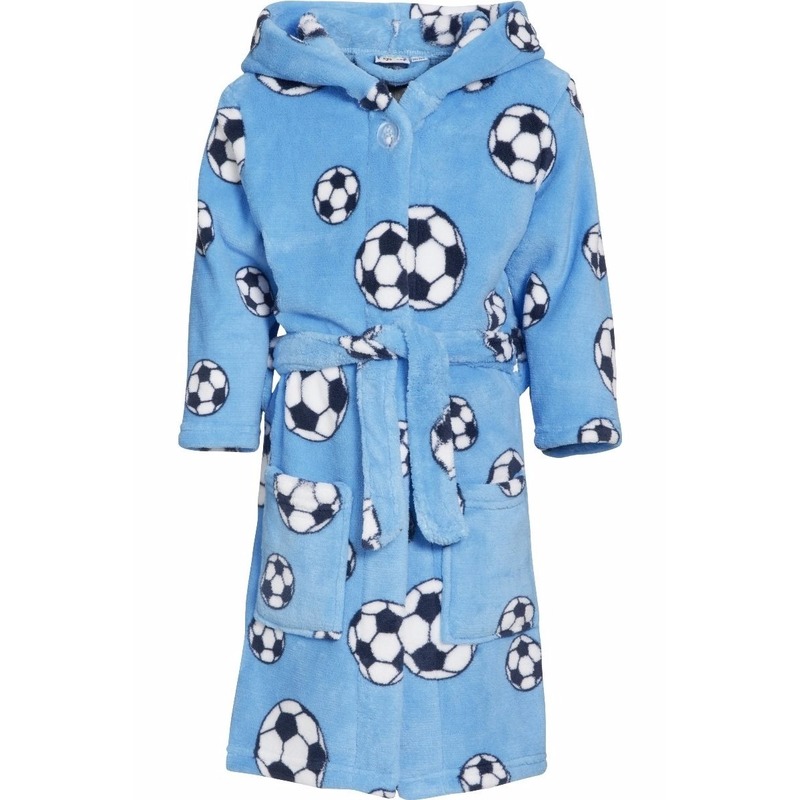 Blauwe badjas-ochtendjas met voetbal print voor kinderen.