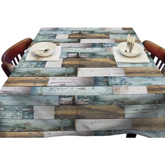 Buiten tafelkleed-tafelzeil blauw houten planken 140 x 250 cm