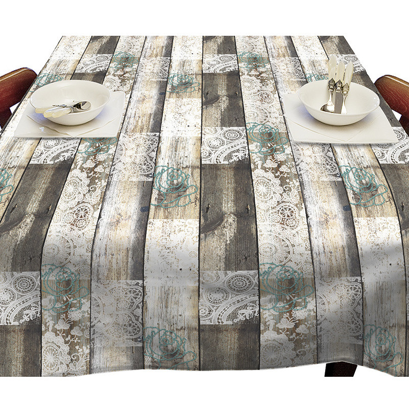 Buiten tafelkleed-tafelzeil houten planken met kant print 140 x 250 cm rechthoekig