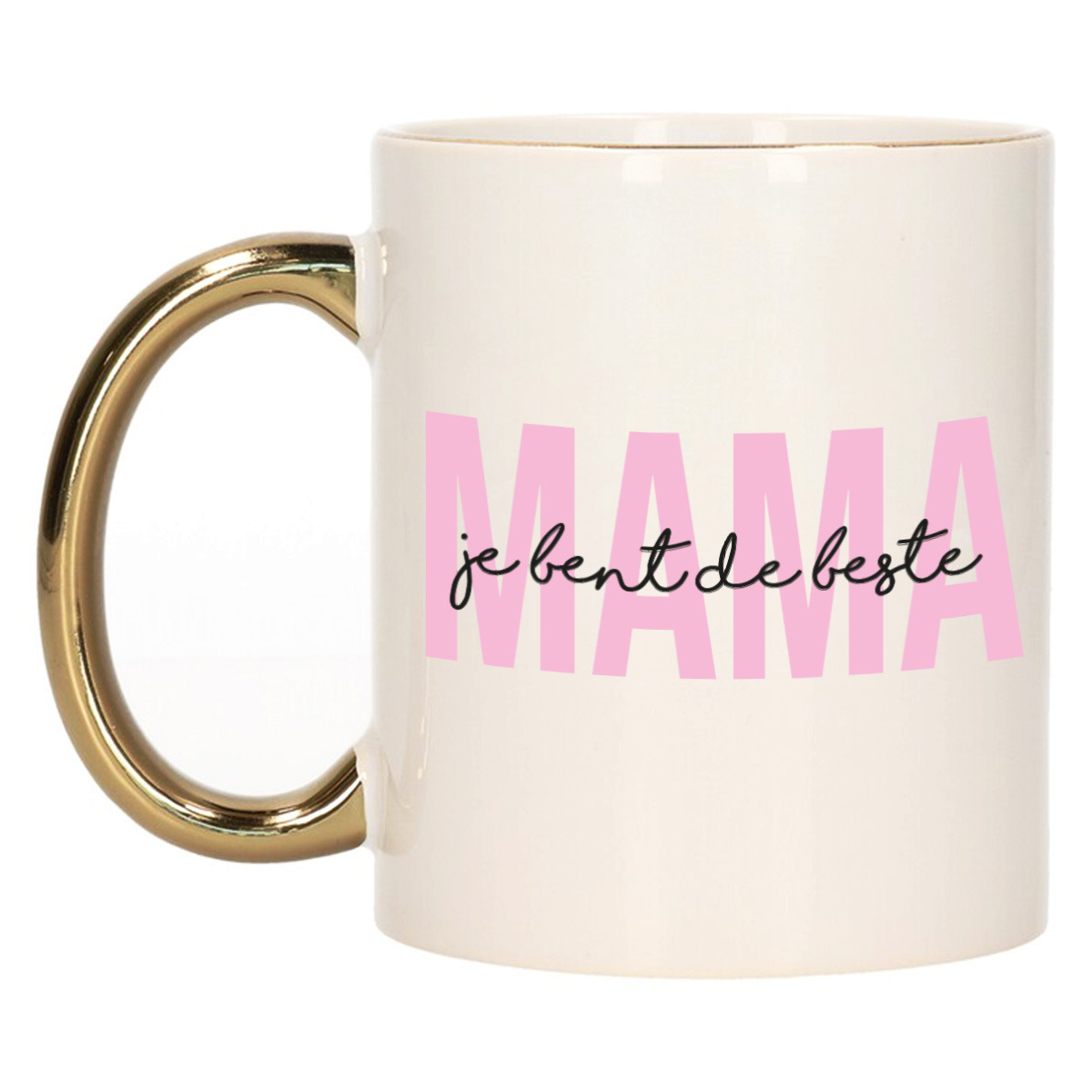Cadeau koffie-thee mok voor mama roze met gouden oor de beste keramiek Moederdag