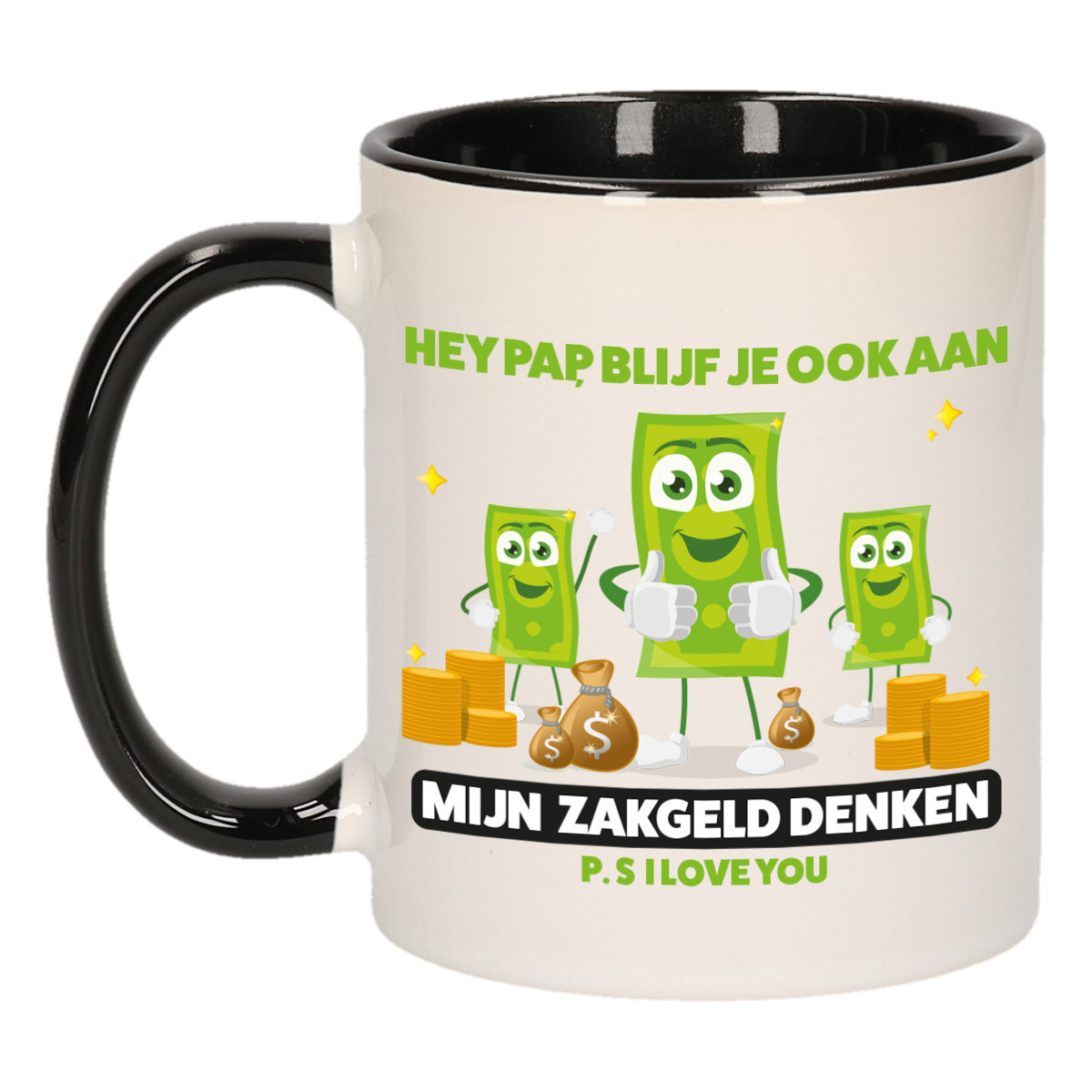 Cadeau koffie-thee mok voor papa zwart-groen zakgeld keramiek 300 ml Vaderdag