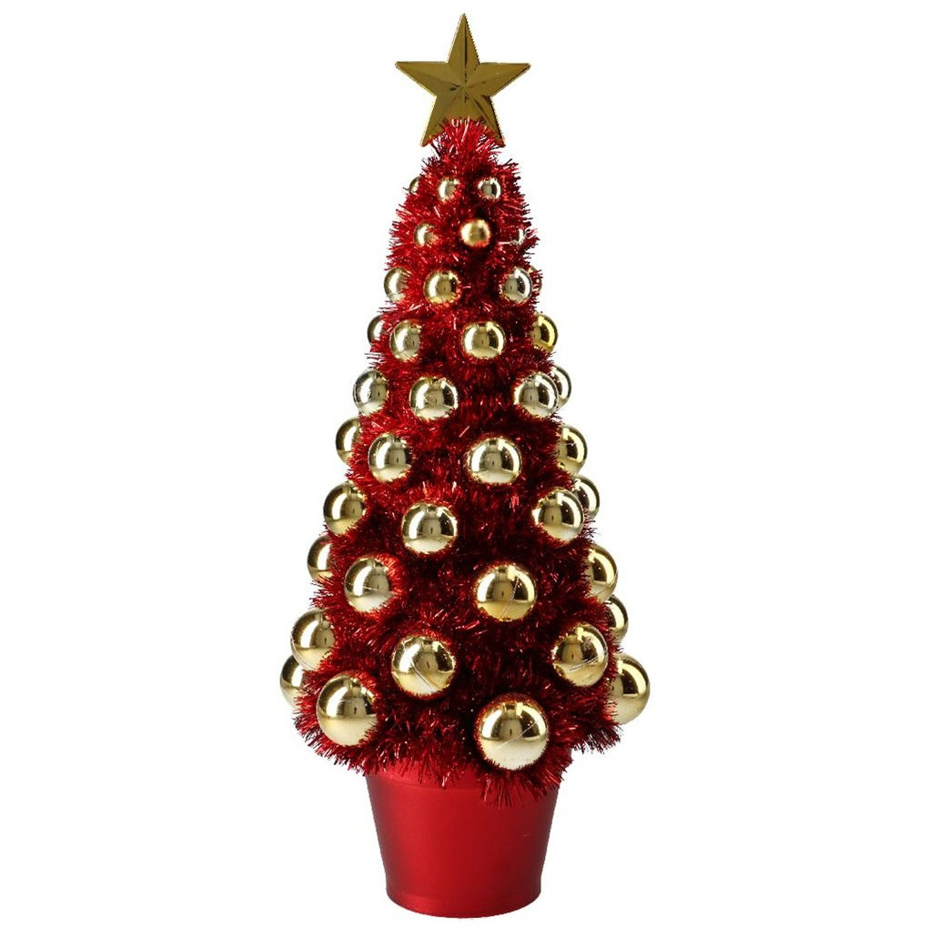 Complete mini kunst kerstboompje-kunstboompje rood-goud met kerstballen 40 cm