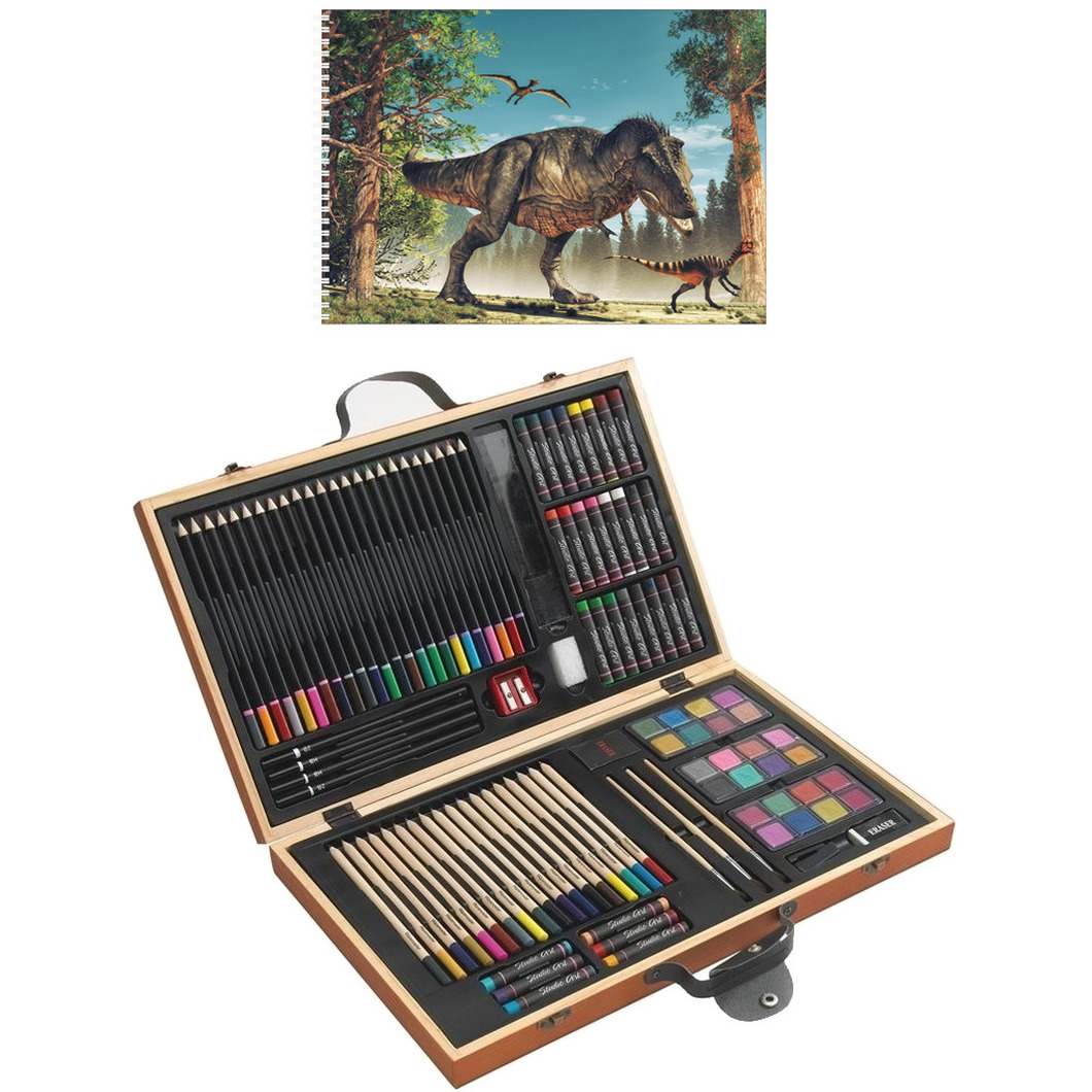 Complete teken-schilder doos 88-delig met een A4 Dino schetsboek