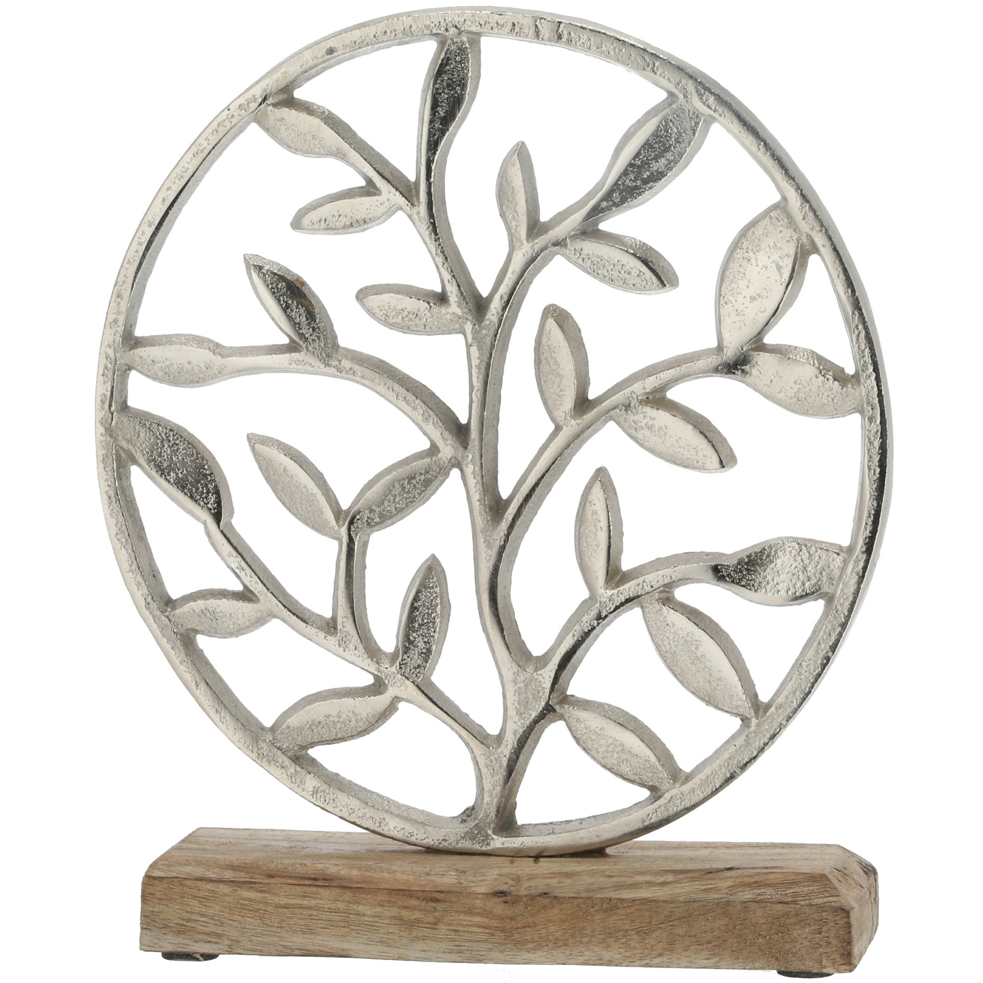 Decoratie levensboom rond van aluminium op houten voet 25 cm zilver