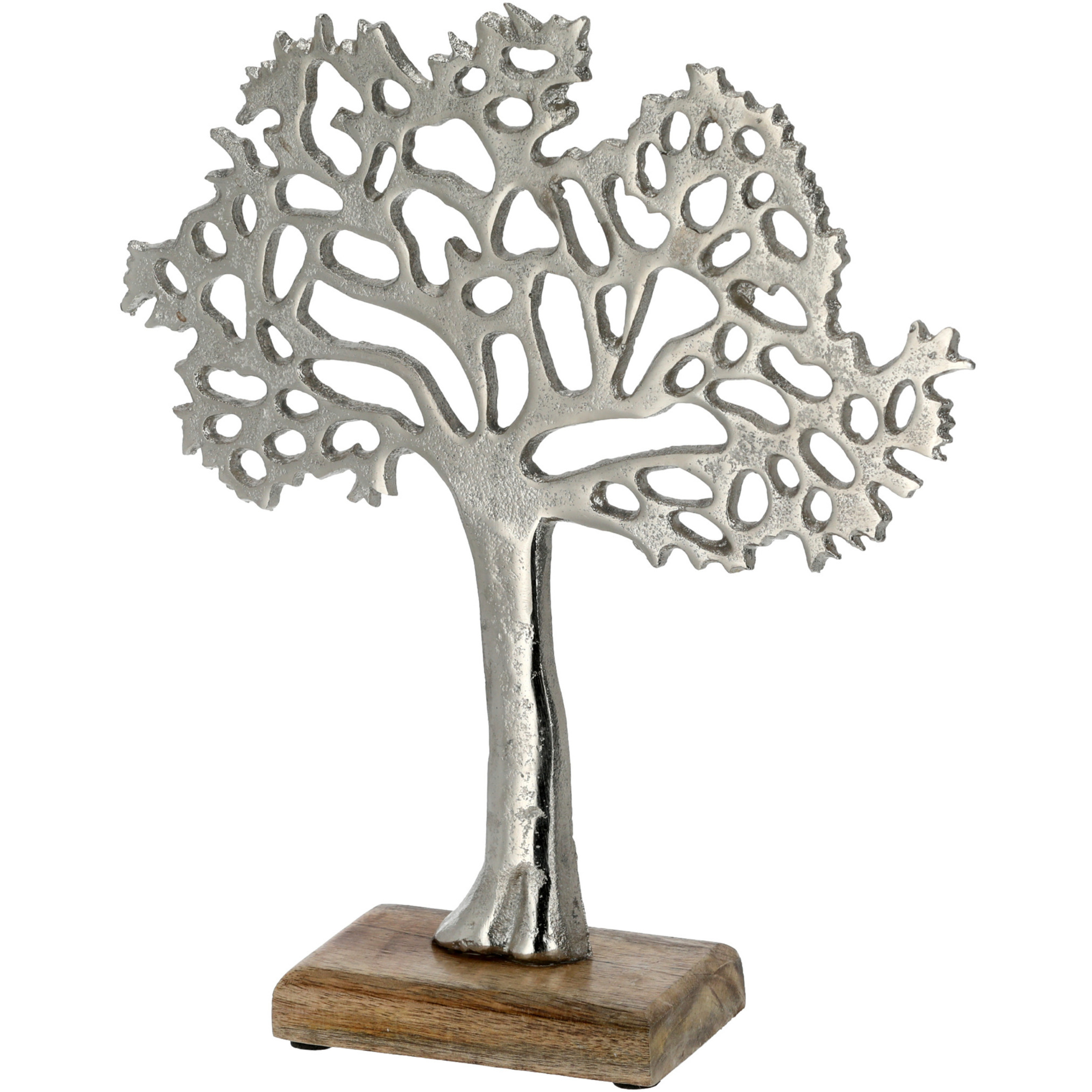 Decoratie levensboom van aluminium op houten voet 25 cm zilver