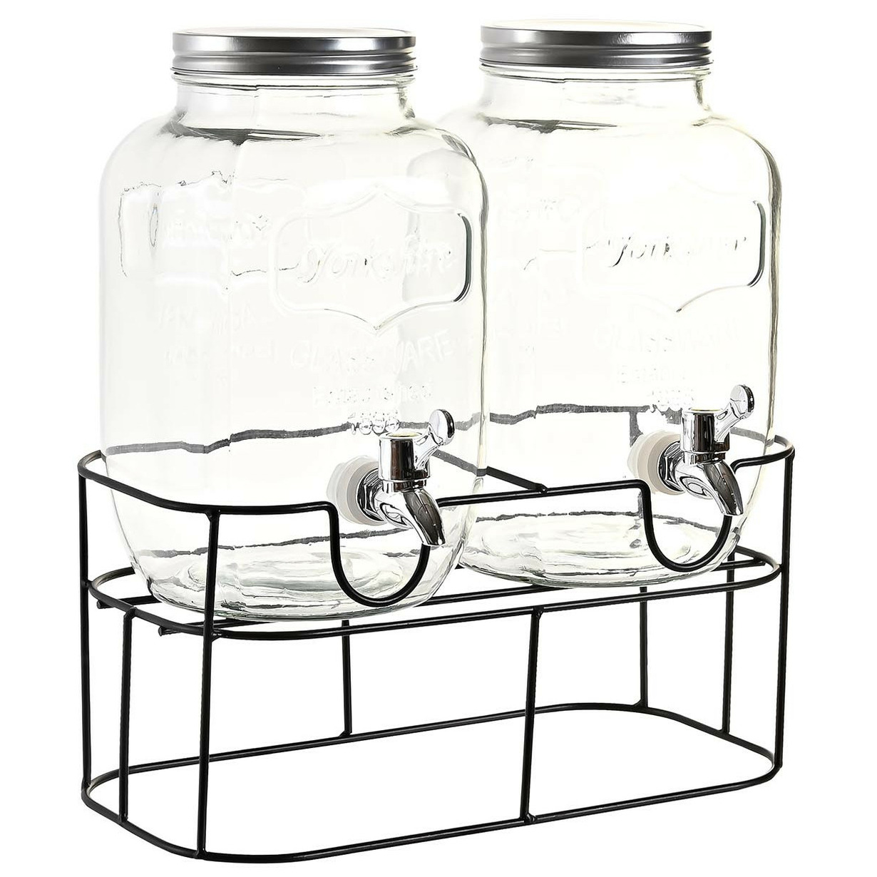 Drank dispensers set van 2x stuks 4 liter glas in houder met metalen kraantje