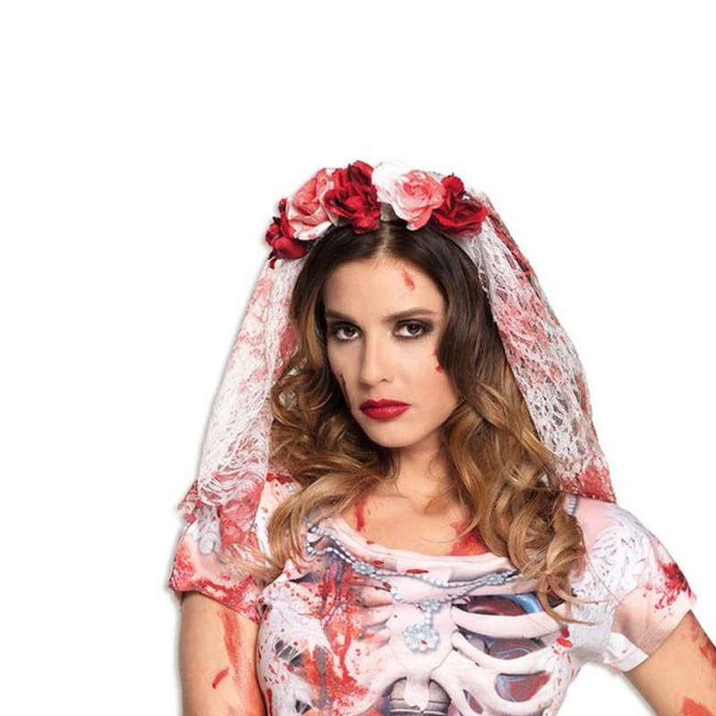 Horror bruid haarband-diadeem met bebloede sluier-bloemen voor volwassenen
