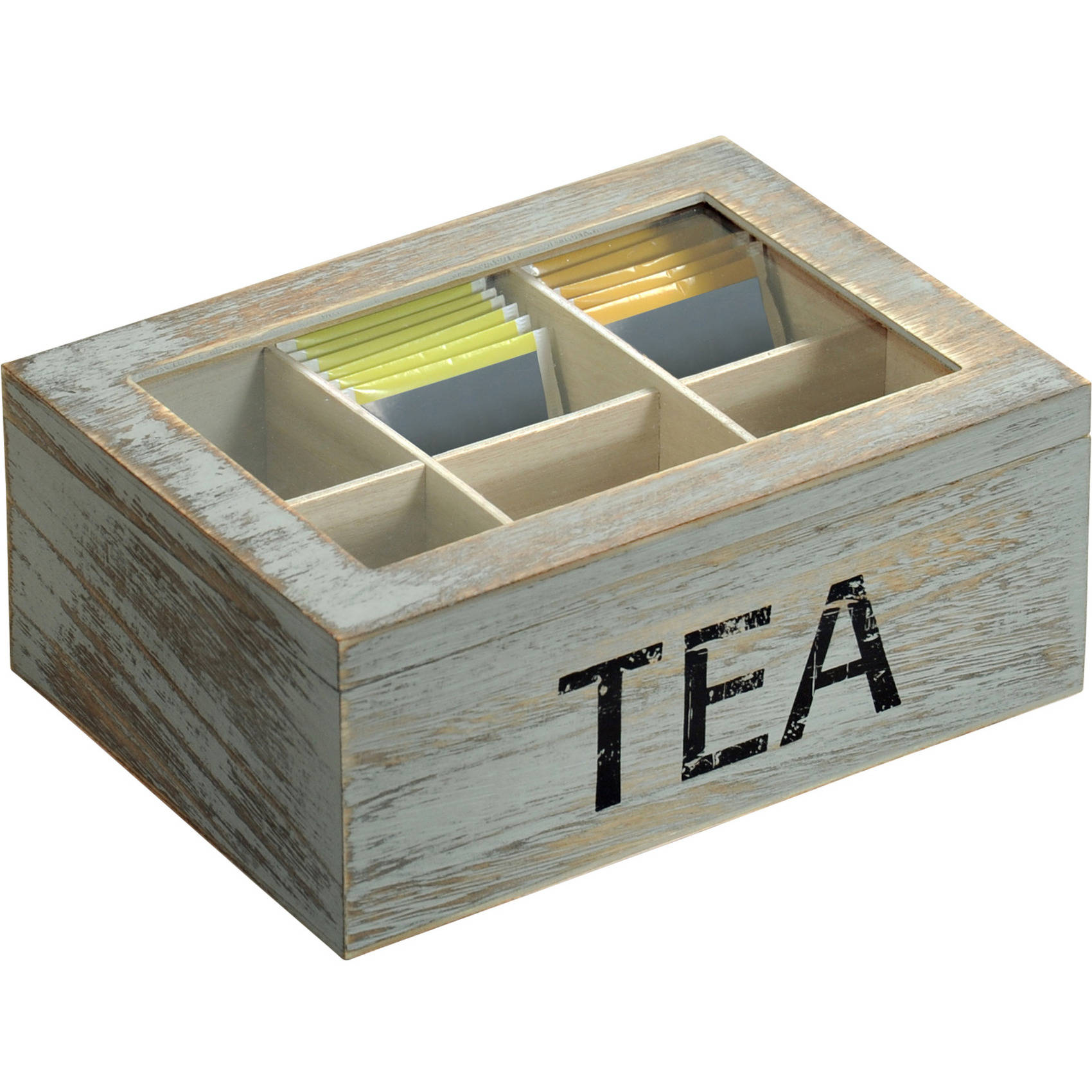 Houten grijze theedoos-theekist met 6 vakken Tea 16 x 21,7 x 9 cm