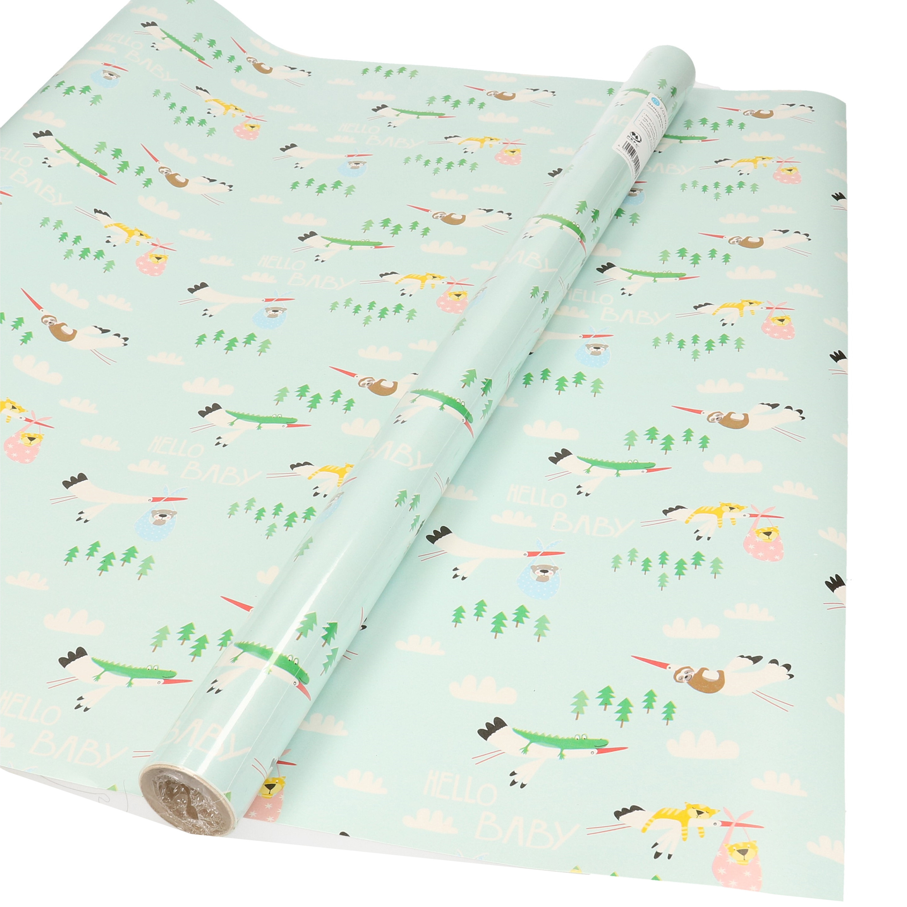 Inpakpapier-cadeaupapier baby 200 x 70 cm pastel groen met ooievaar