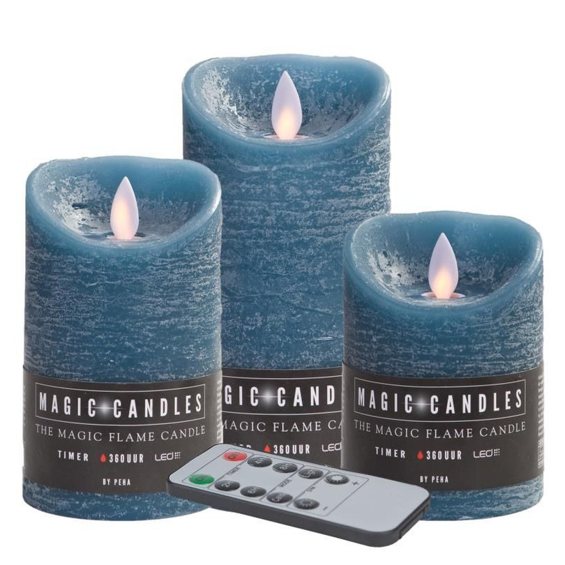 Kaarsen set van 3x stuks Led stompkaarsen jeans blauw met afstandsbediening