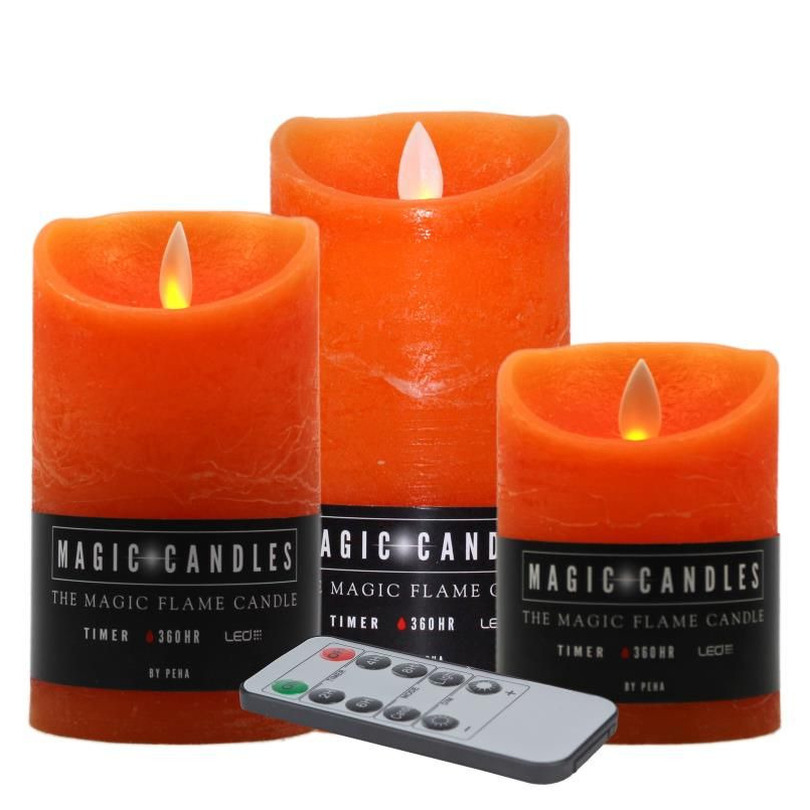 Kaarsen set van 3x stuks LED stompkaarsen oranje met afstandsbediening