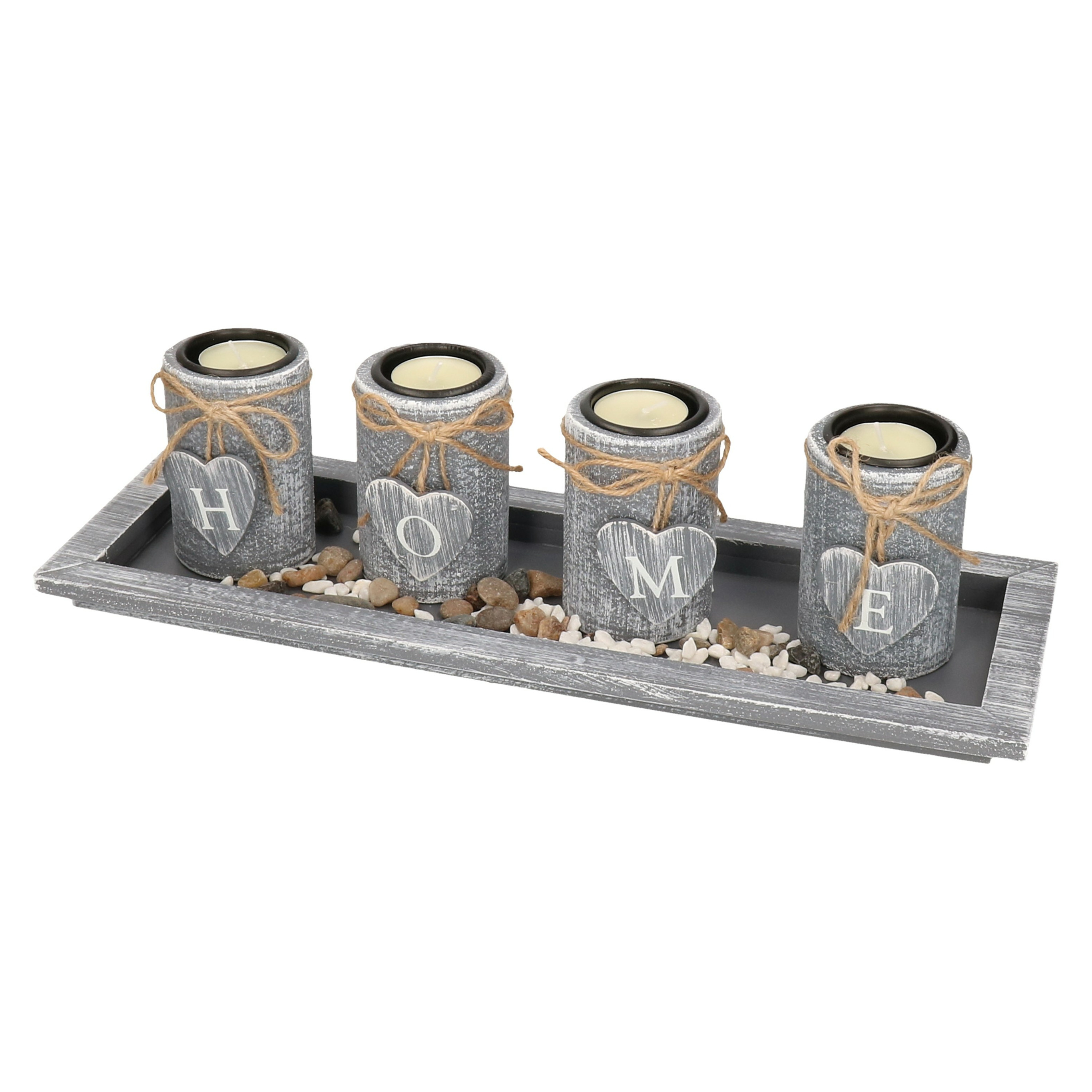 Kaarsenhouders set home deco 4x kaarsen en onderbord hout grijs theelichtjes houder