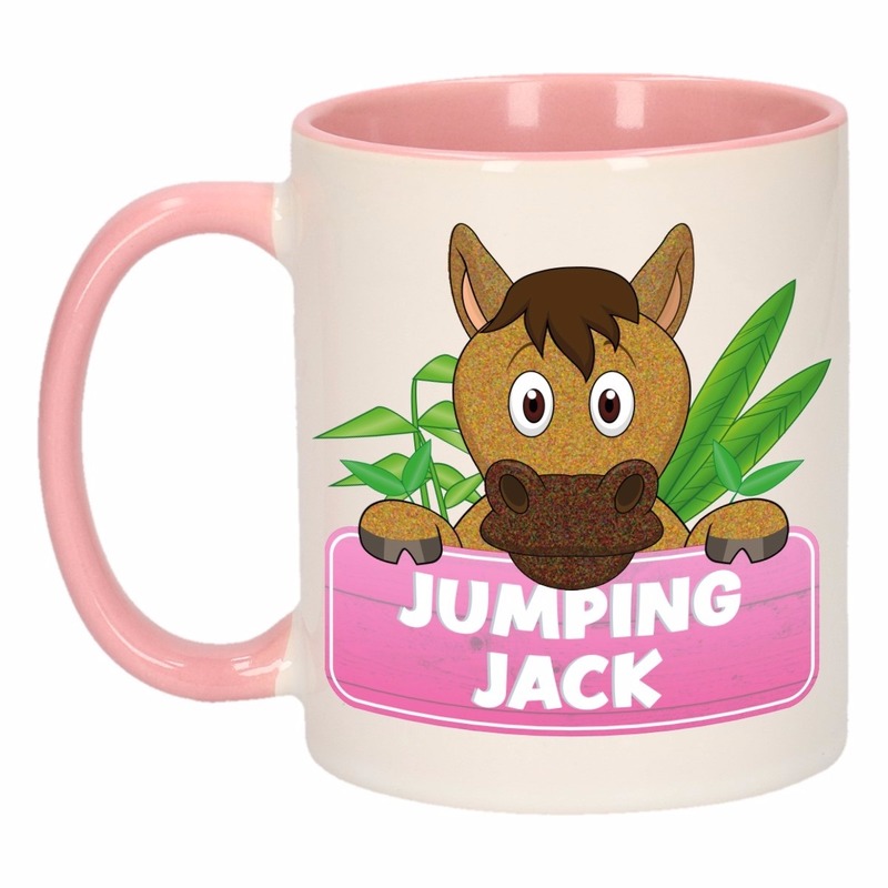 Kinder paarden mok-beker Jumping Jack roze-wit 300 ml