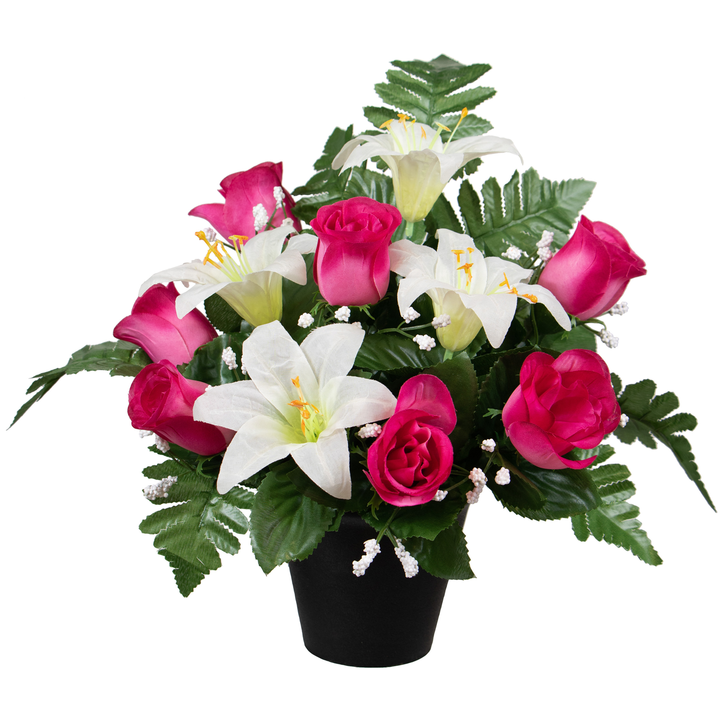 Kunstbloemen boeket lelie-roos in pot wit-cerise H30 cm Bloemstuk Bladgroen