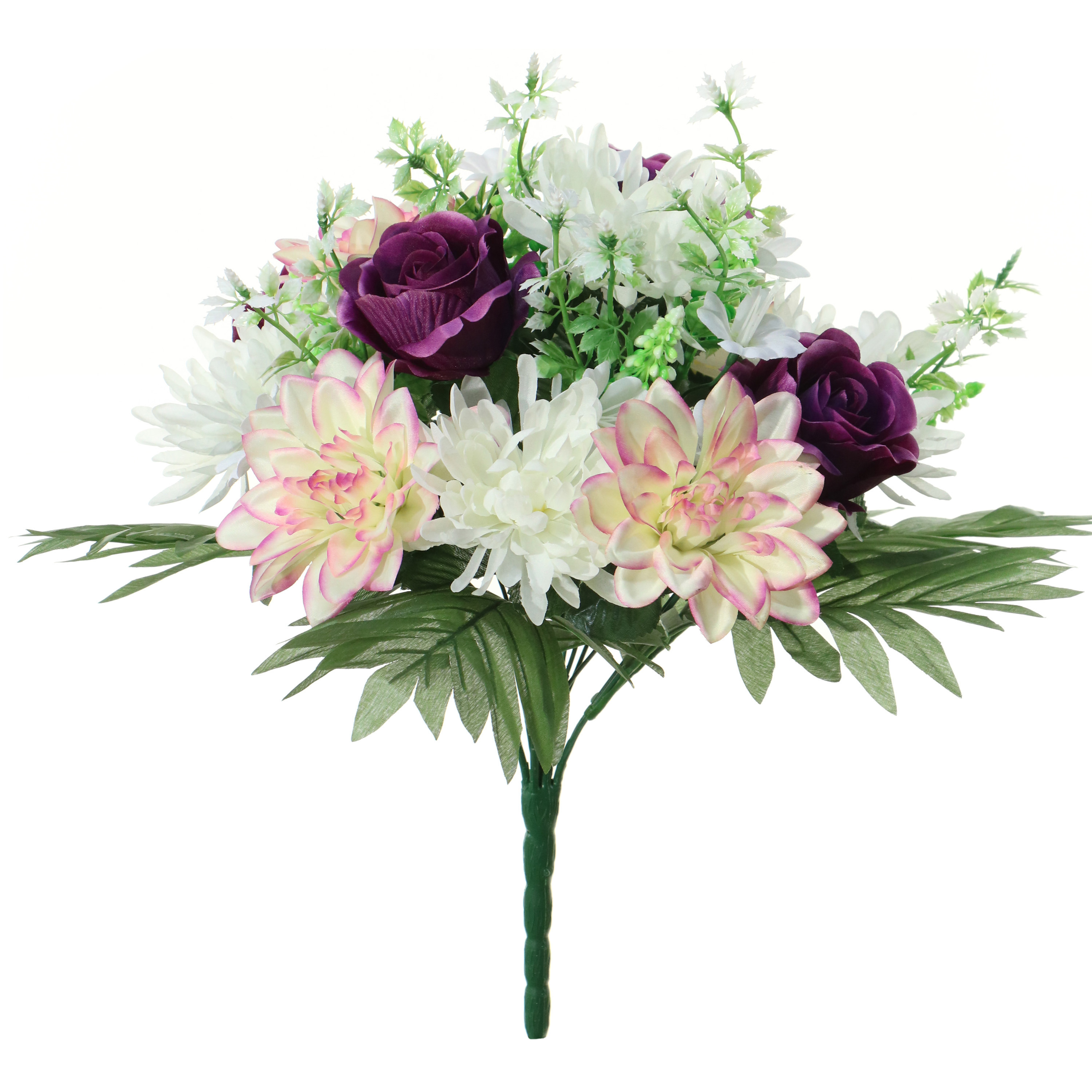 Kunstbloemen boeket roos-dahlia paars-creme H36 cm Bloemstuk Bladgroen