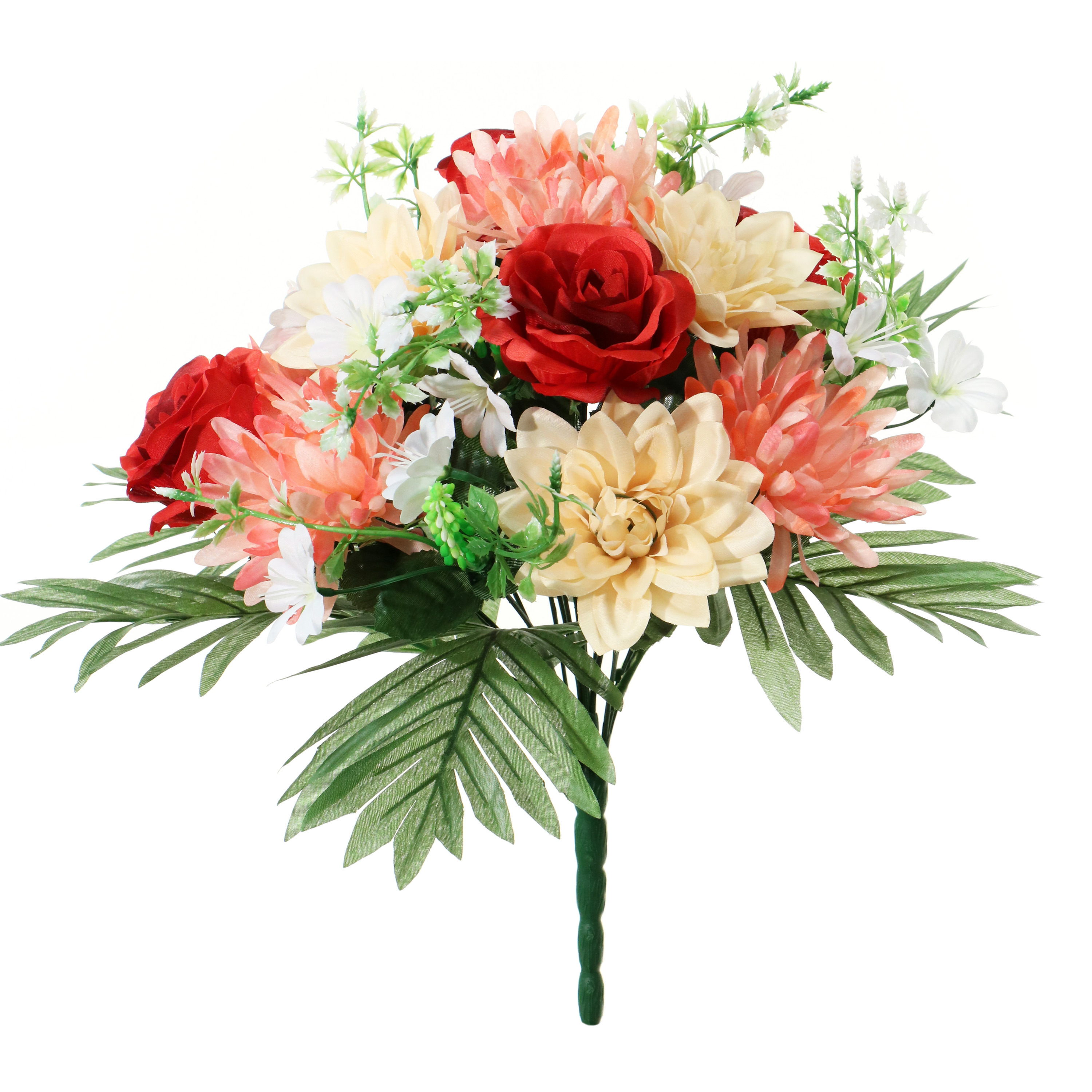 Kunstbloemen boeket roos-dahlia rood-zalm H36 cm Bloemstuk Bladgroen