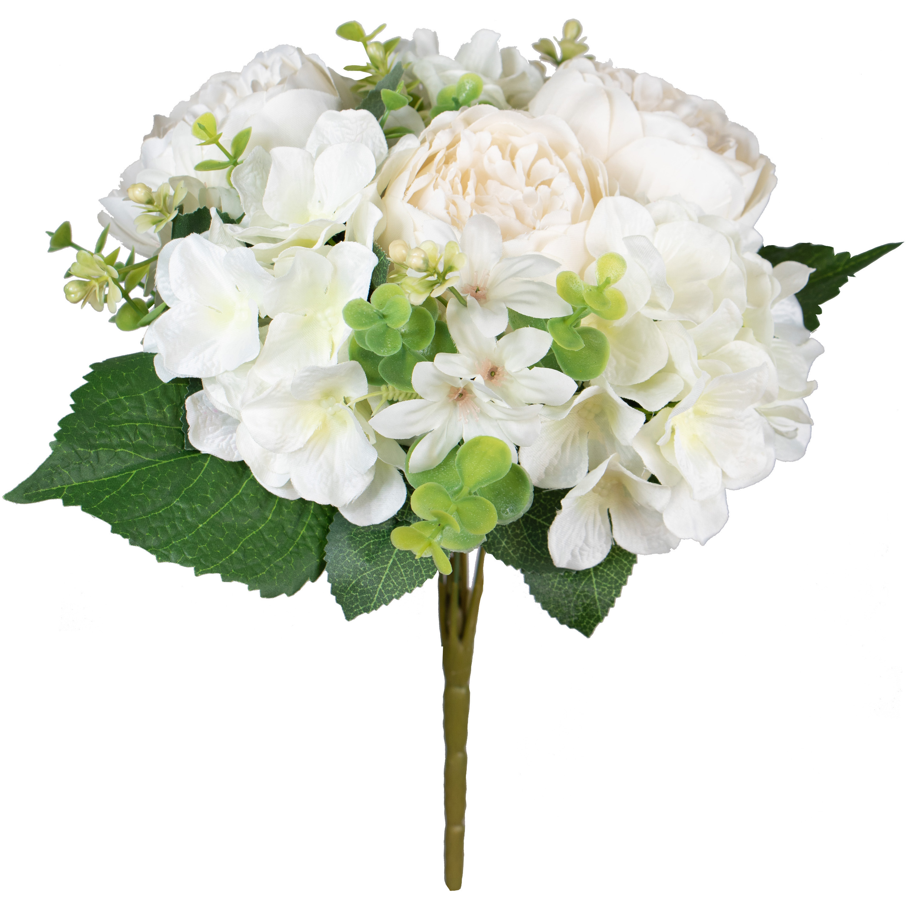 Kunstbloemen boeket roos-hortensia creme-wit H39 cm Bloemstuk Bladgroen